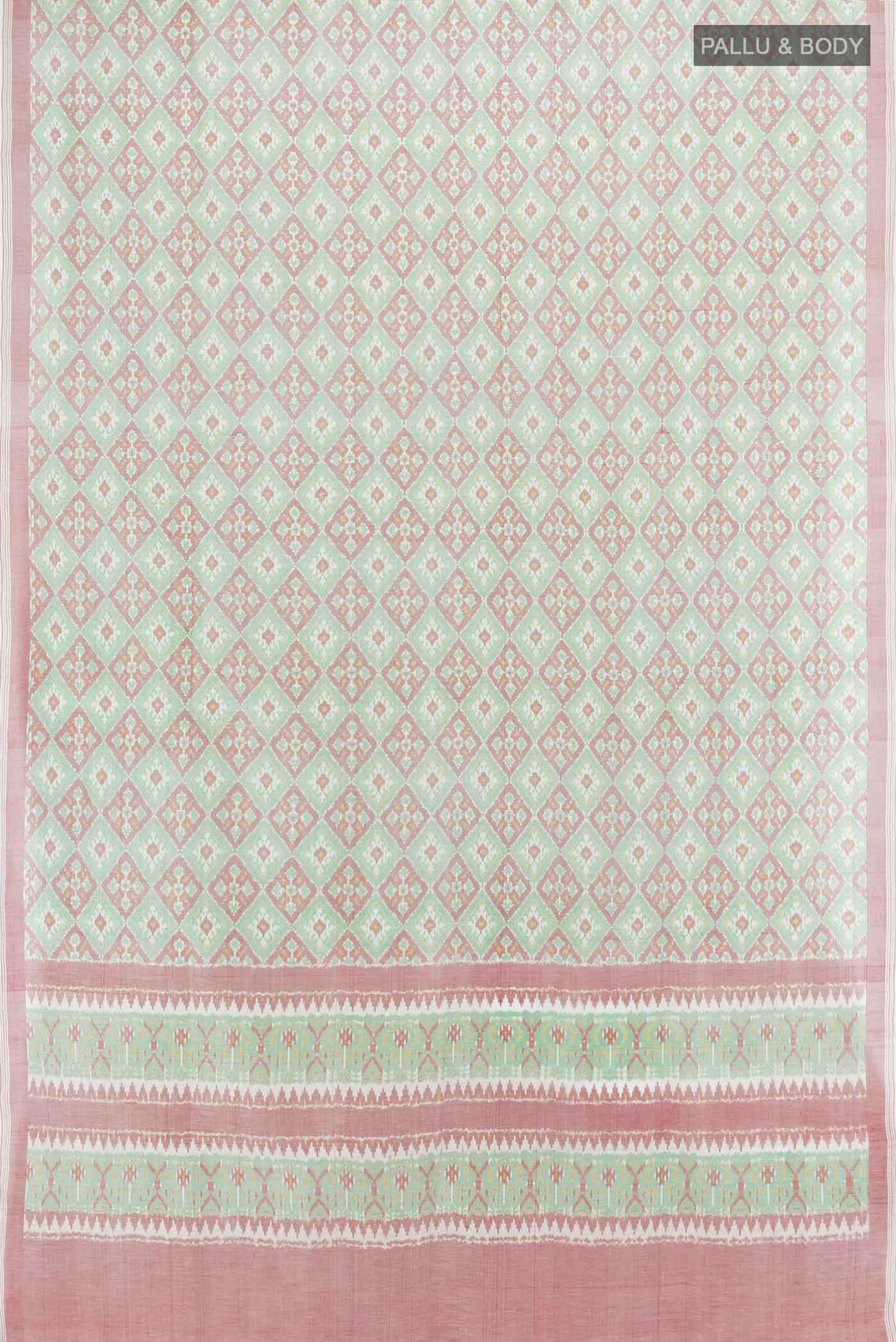 Flat view of Multi Color Pochampally Saree with Ikat Print on the body and Silk Border. 