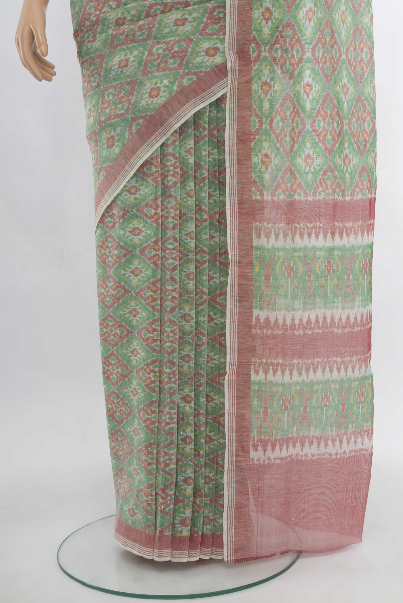 Pleats and pallu of Multi Color Pochampally Saree with Ikat Print on the body and Silk Border. 