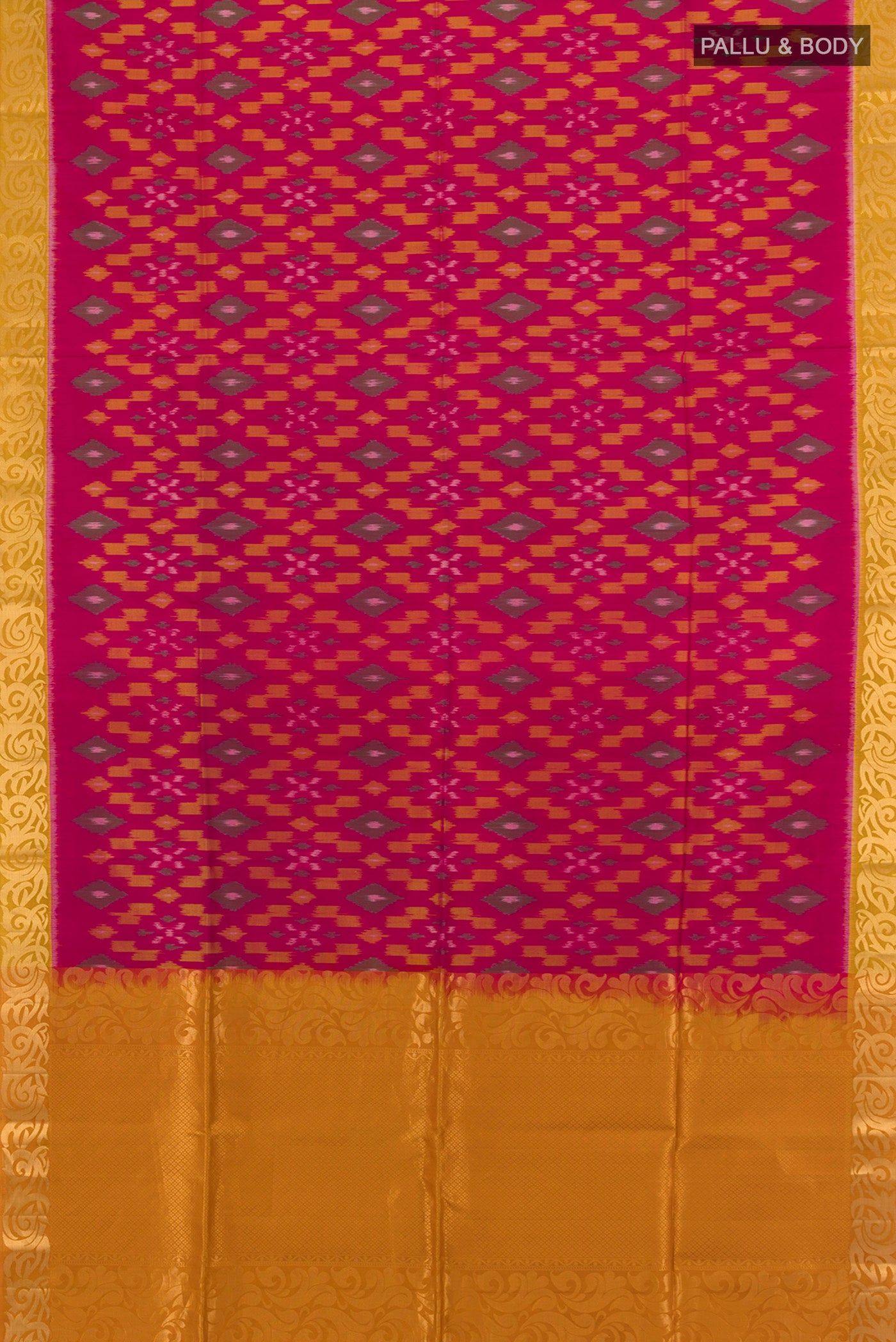 Flat view of Dark Pink Soft Silk Saree with Ikat Print on the body and Zari Border. 