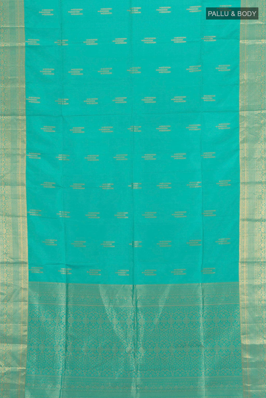Flat view of Sky Blue Soft Silk Saree with Zari Butta on the body and Zari Border. 