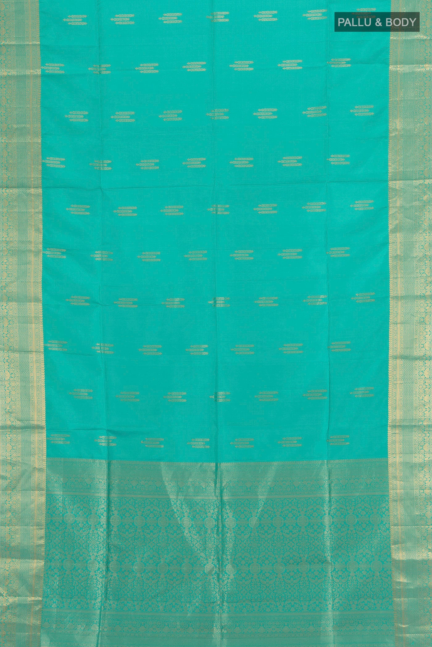 Flat view of Sky Blue Soft Silk Saree with Zari Butta on the body and Zari Border. 