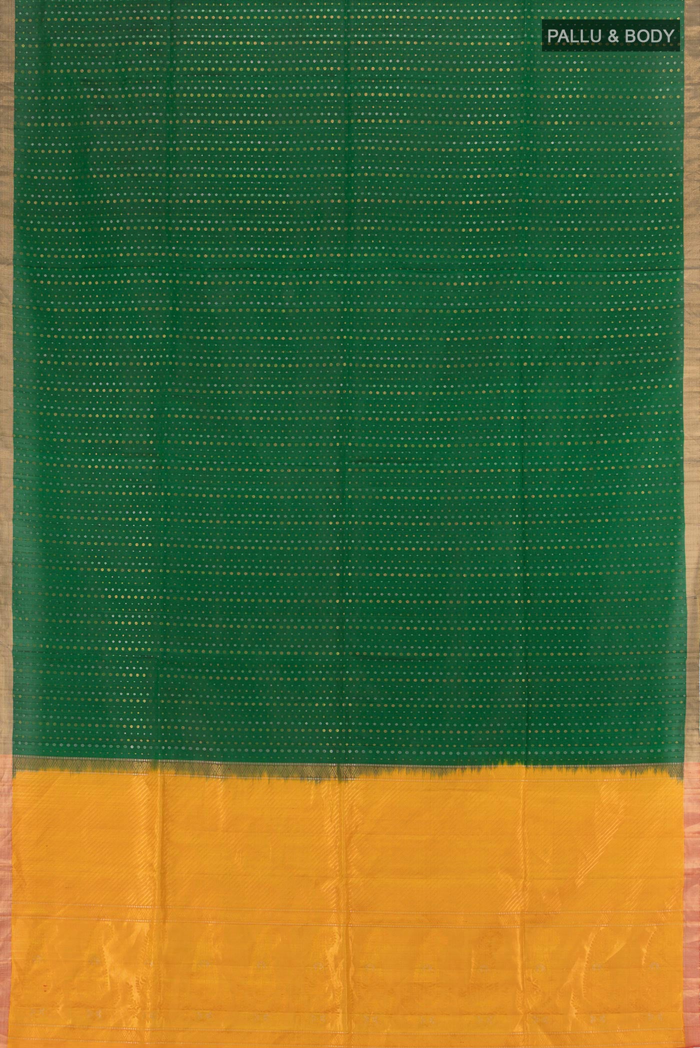 Flat view of Bottle Green Soft Silk Saree with Zari Butta on the body and Zari Border. 
