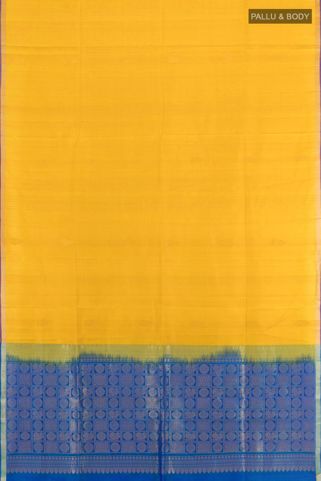 Flat view of Yellow Soft Silk Saree with Stripes on the body and Zari Border. 