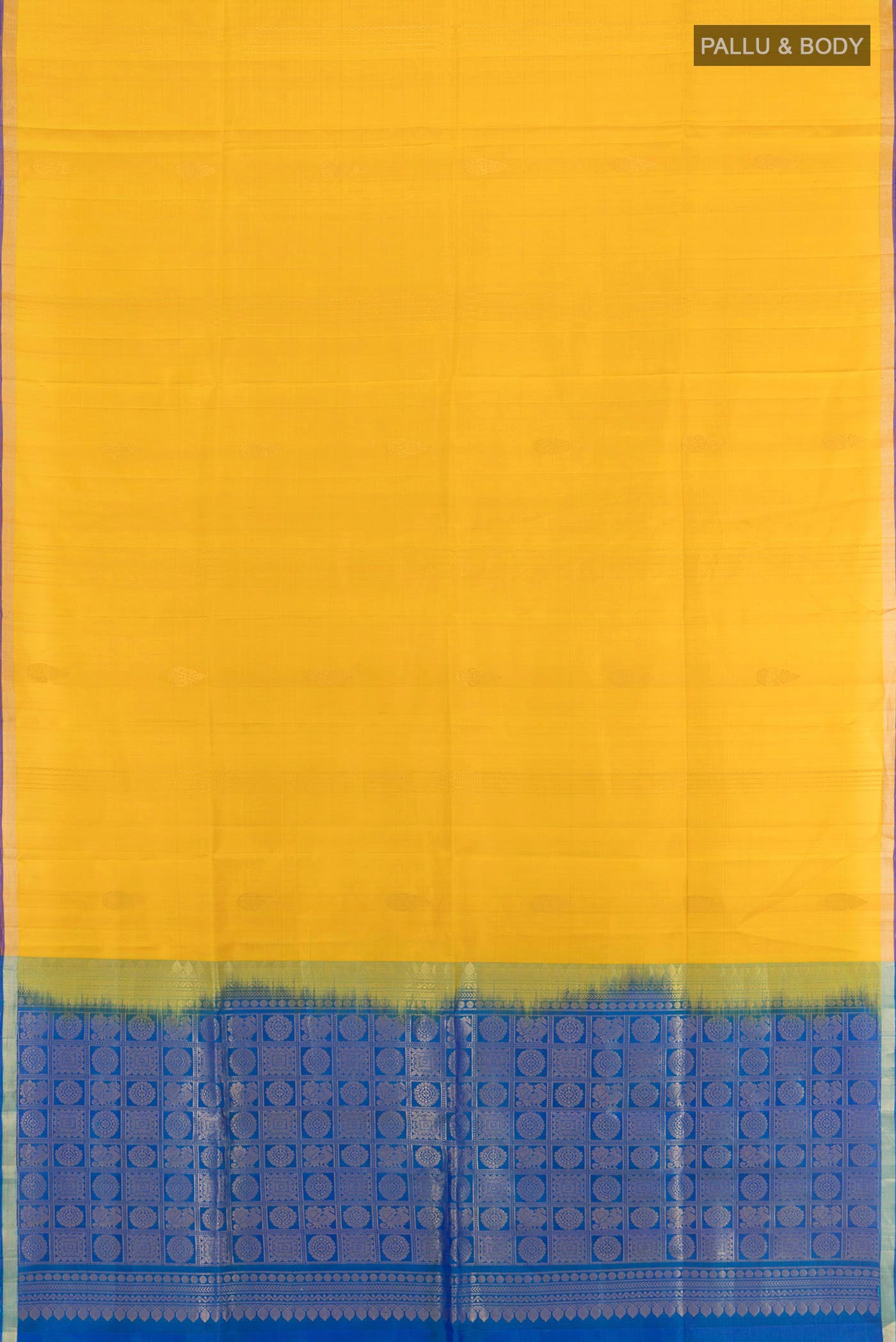 Flat view of Yellow Soft Silk Saree with Stripes on the body and Zari Border. 