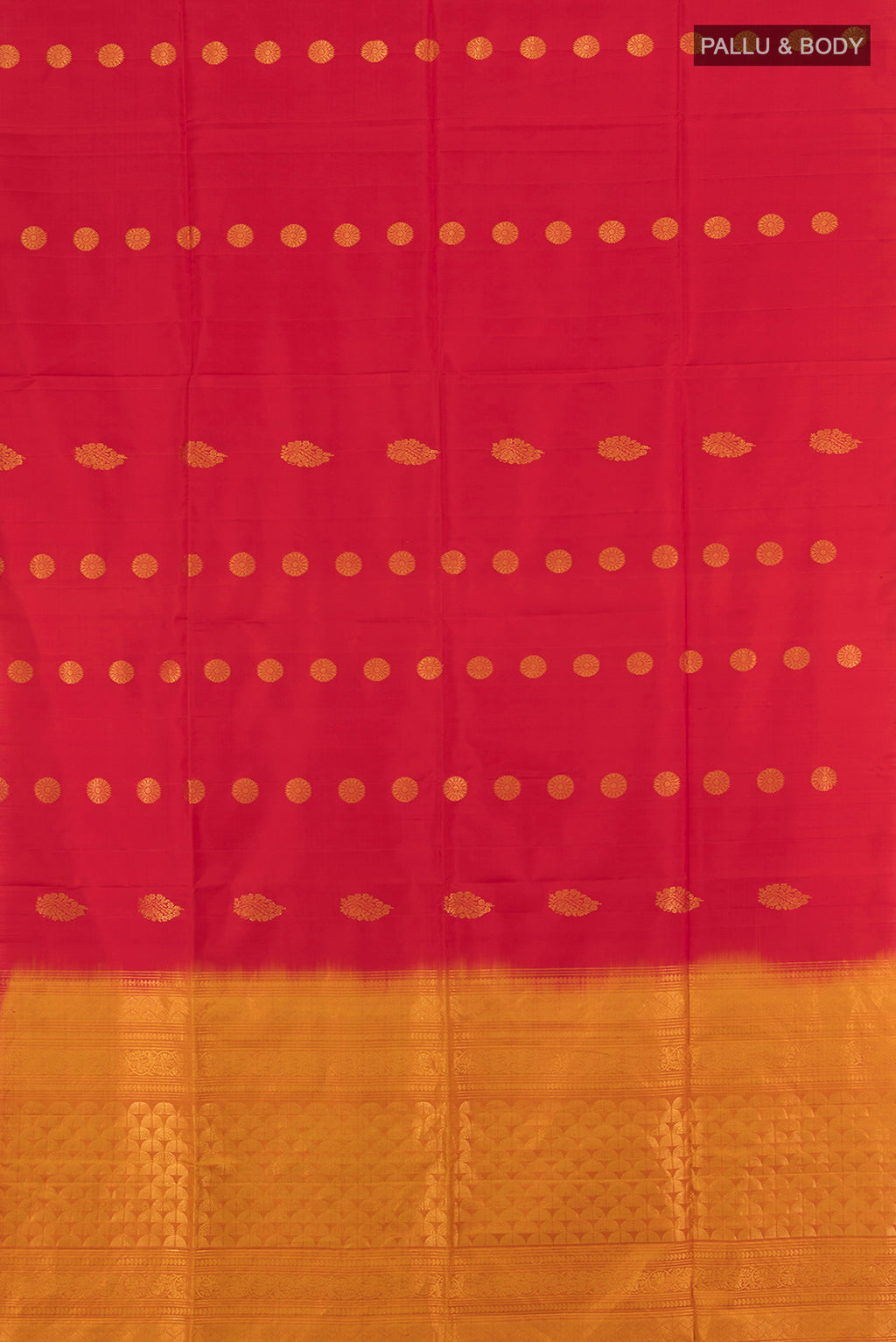 Flat view of Red Soft Silk Saree with Zari Butta on the body and Zari Border. 