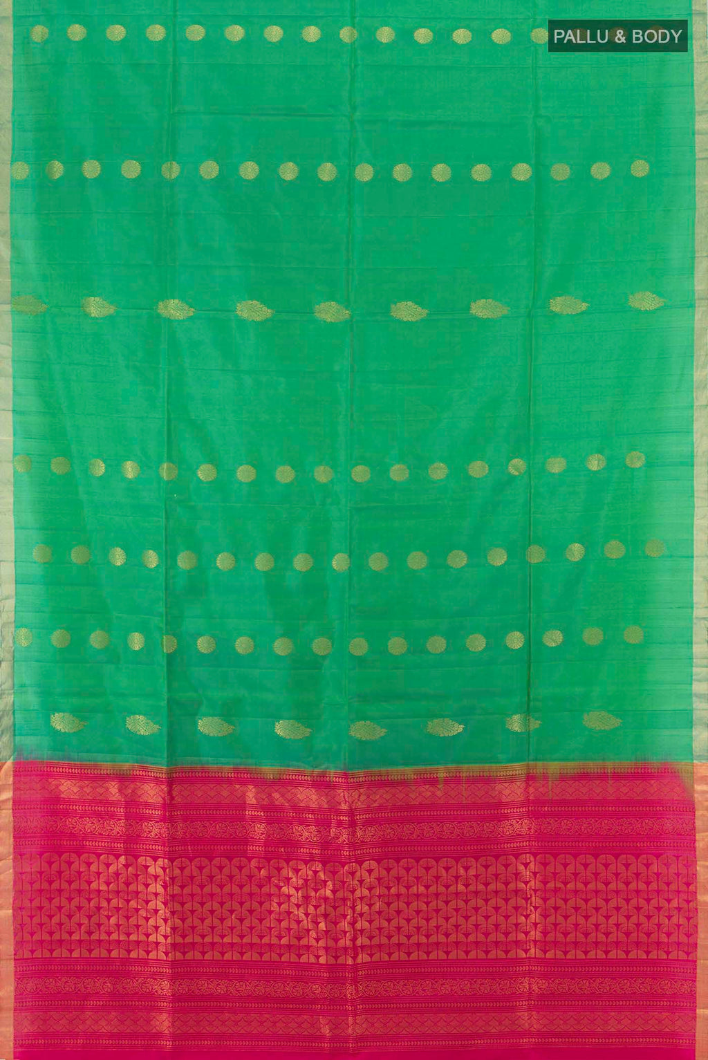 Flat view of Parrot Green Soft Silk Saree with Zari Butta on the body and Silk Border. 