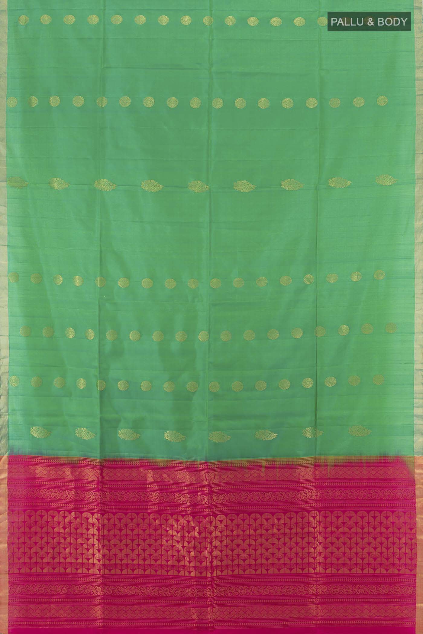 Flat view of Parrot Green Soft Silk Saree with Zari Butta on the body and Silk Border. 