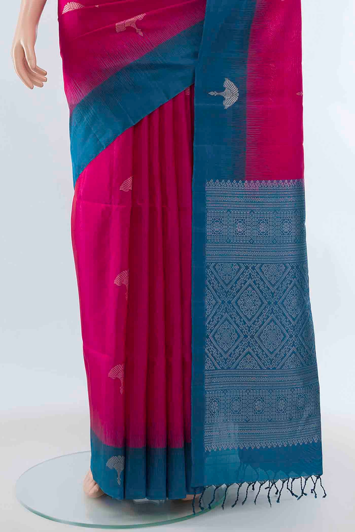 Pleats and pallu of Pink Soft Silk Saree with Zari Butta on the body and Plain Border