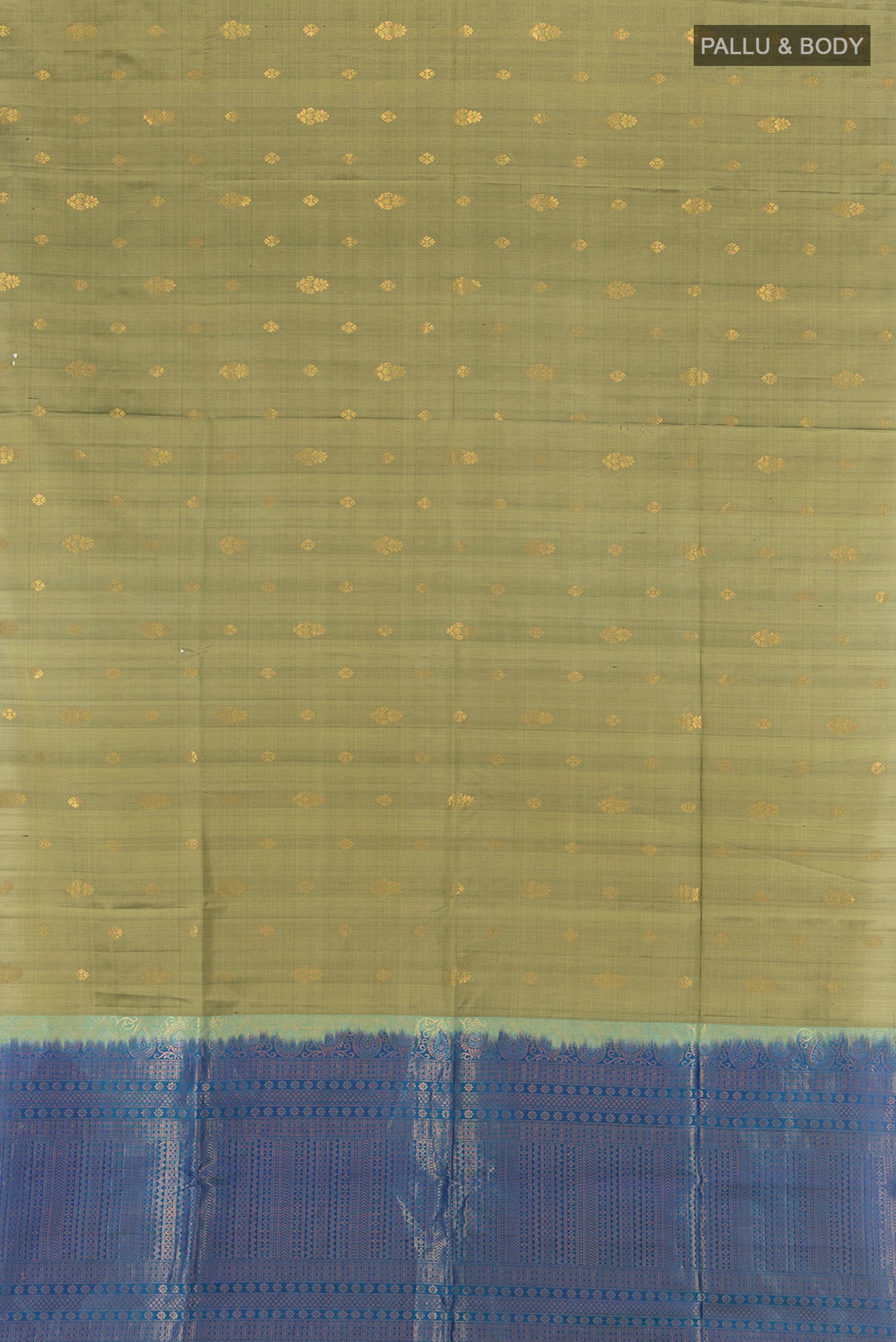 Flat view of Light Green Soft Silk Saree with Zari Butta on the body and Silk Border. 