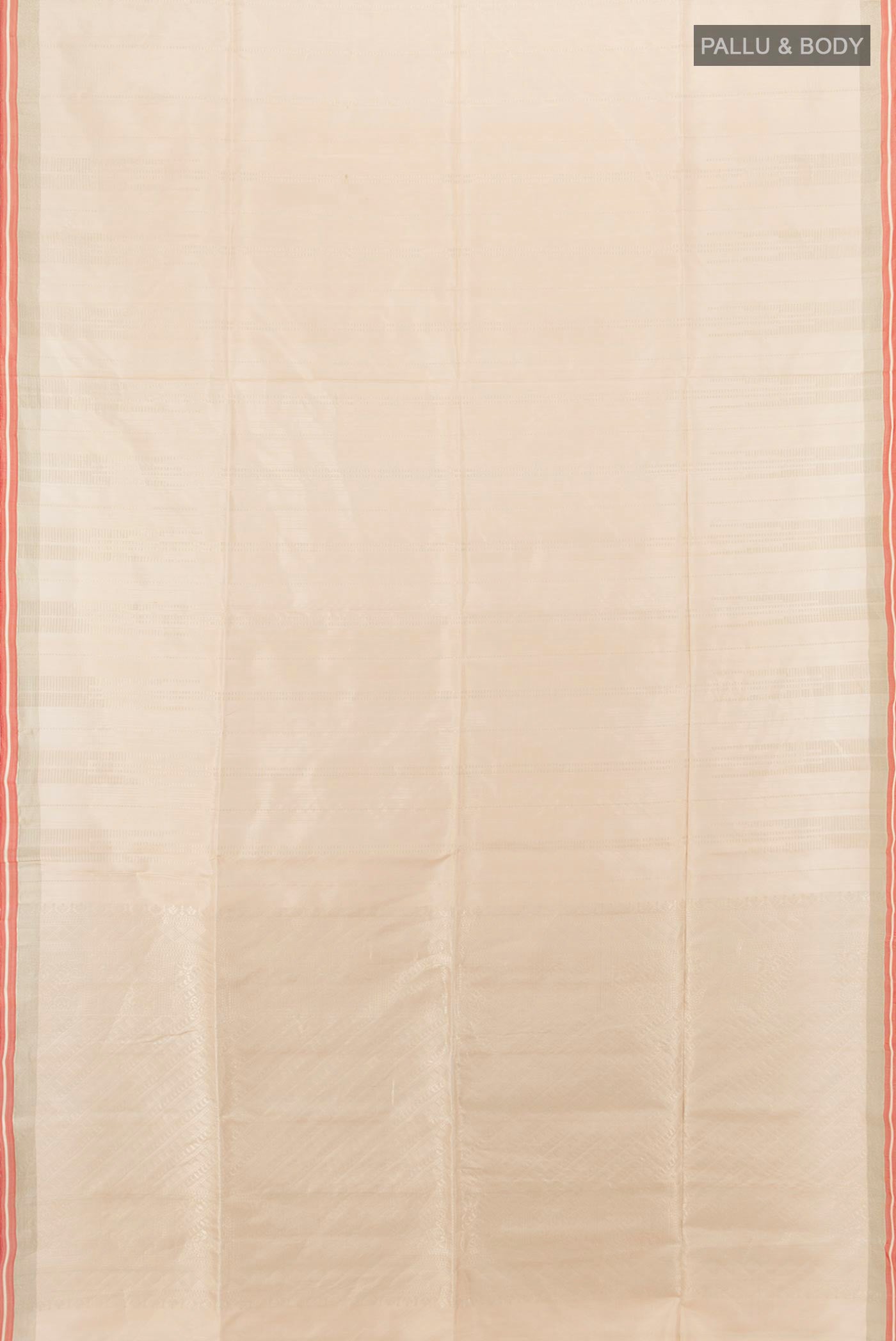 Flat view of Beige Soft Silk Saree with Zari Butta on the body and Silk Border. 