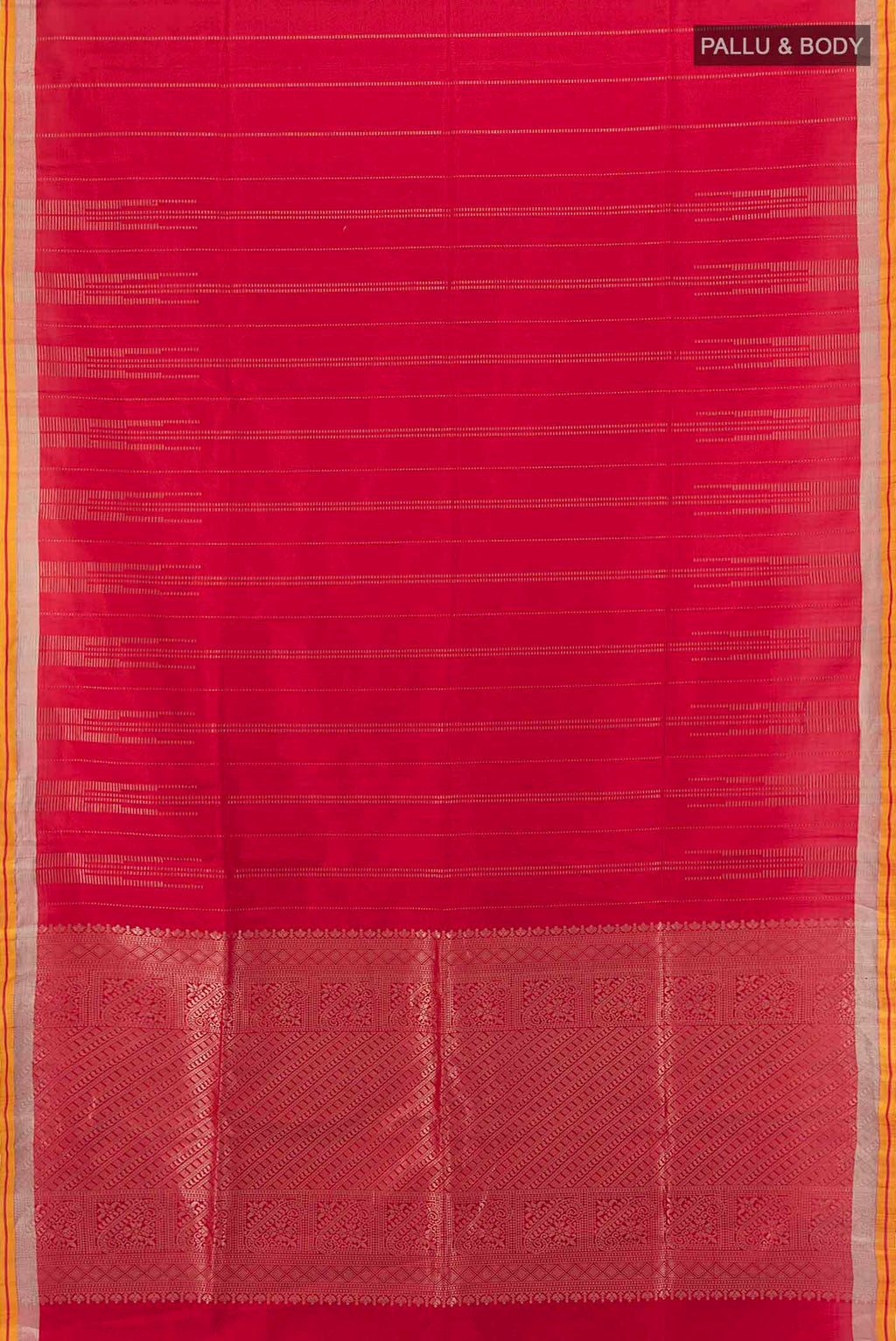 Flat view of Maroon Soft Silk Saree with Zari Butta on the body and Silk Border. 