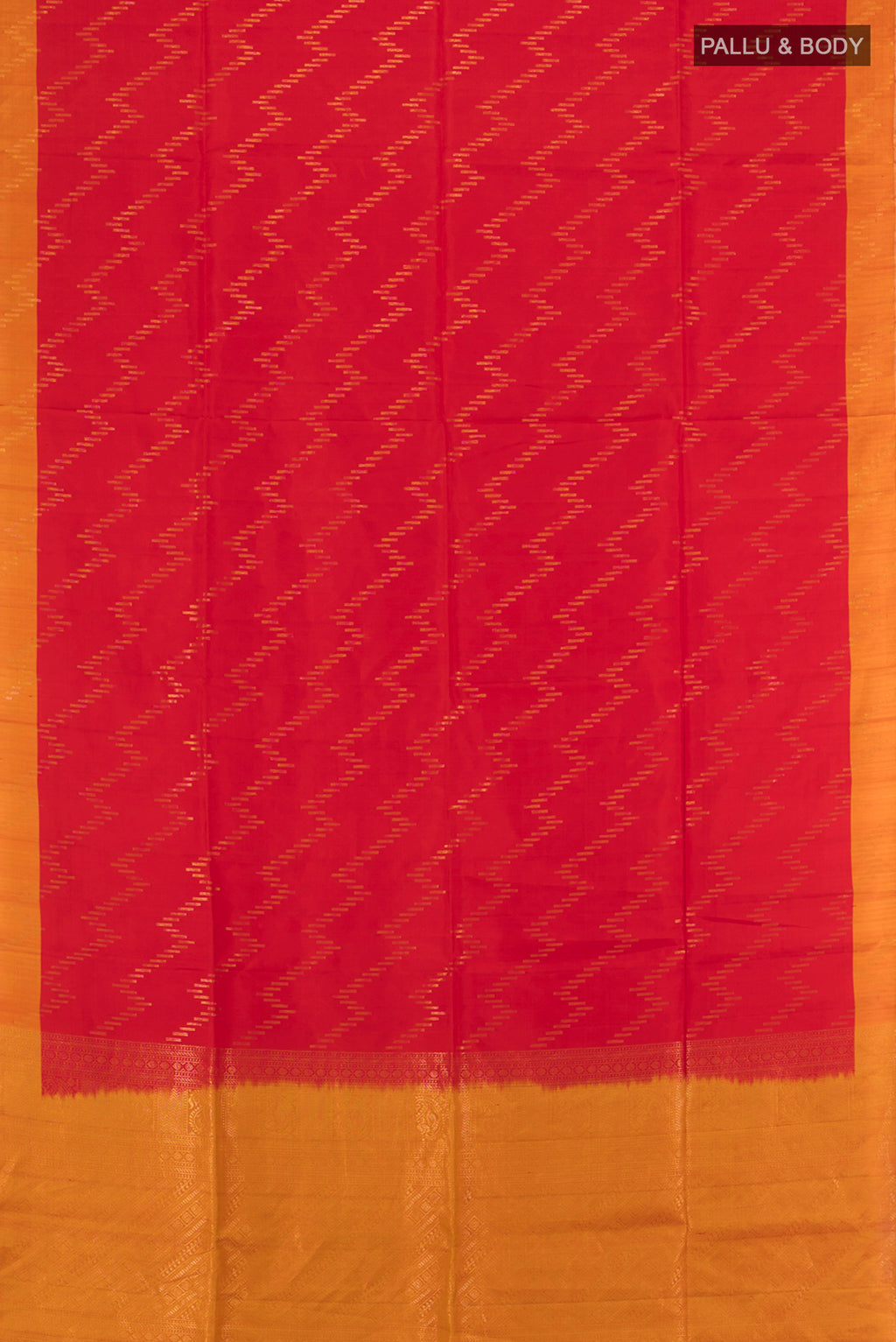 Flat view of Red Soft Silk Saree with Zari Butta on the body and Zari Border. 