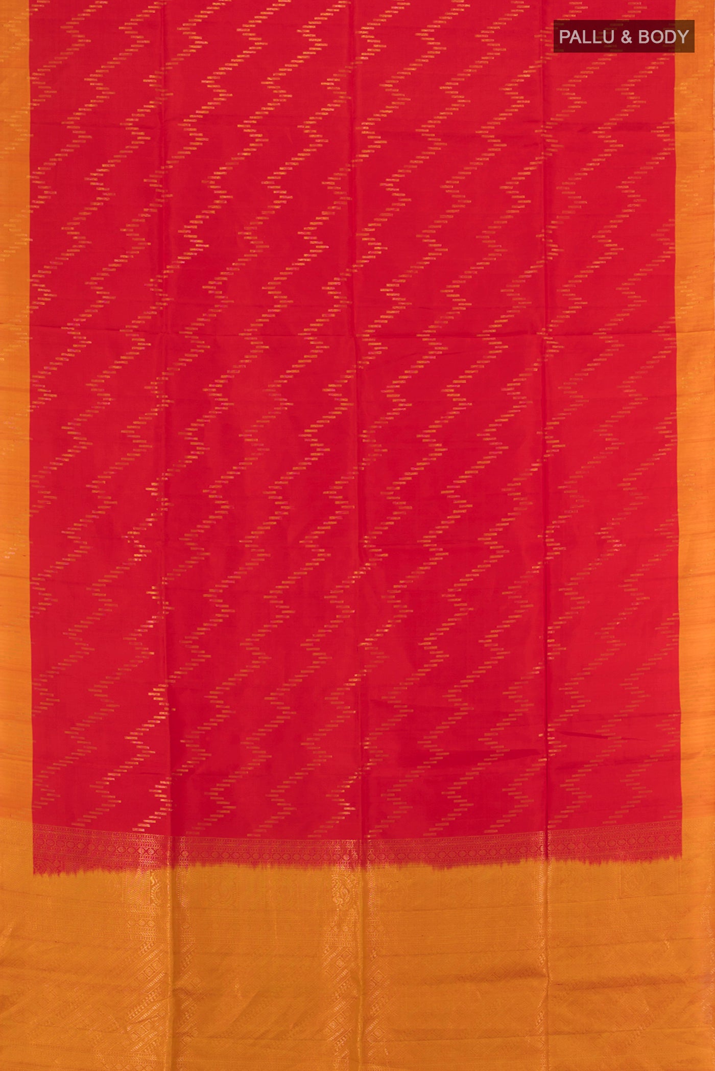 Flat view of Red Soft Silk Saree with Zari Butta on the body and Zari Border. 