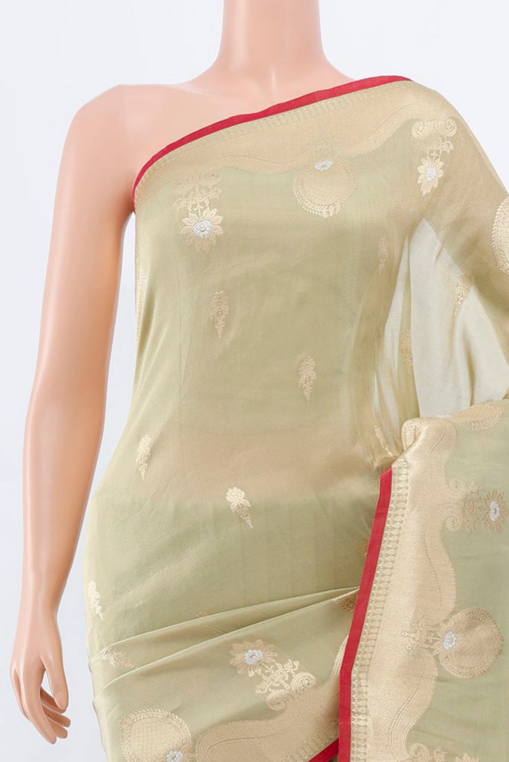Border image of Pista Green Banarasi Silk Saree with Zari Brocade on the body and Silk Border. 