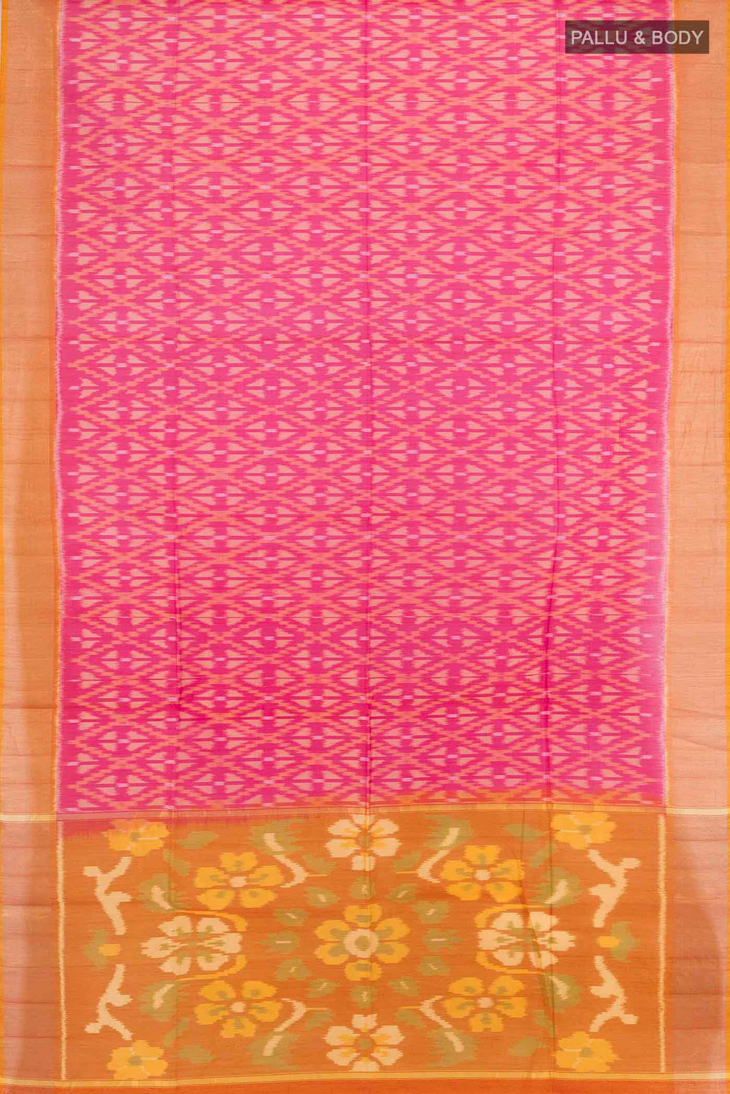 Flat view of Magenta Maheshwari Silk Cotton Saree with Ikat Print on the body and Silk Border. 