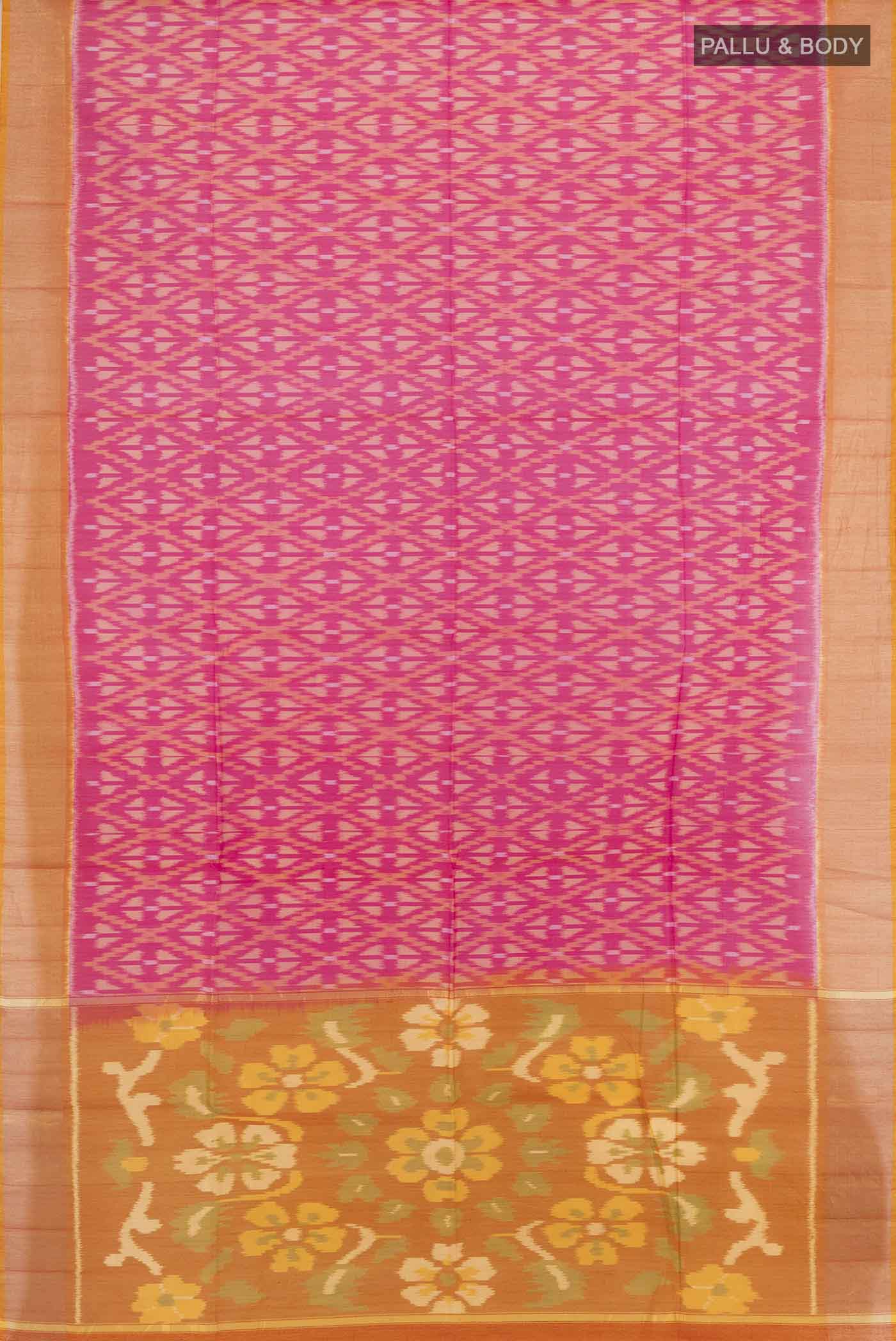 Flat view of Magenta Maheshwari Silk Cotton Saree with Ikat Print on the body and Silk Border. 