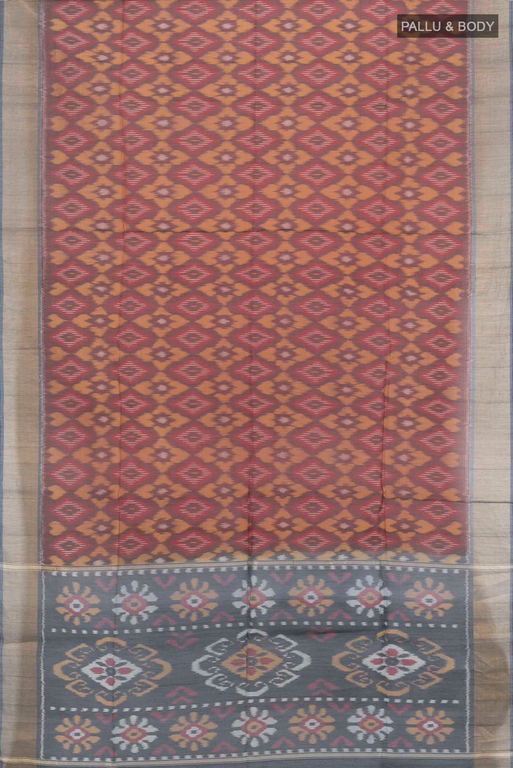 Flat view of Maroon Maheshwari Silk Cotton Saree with Ikat Print on the body and Silk Border. 