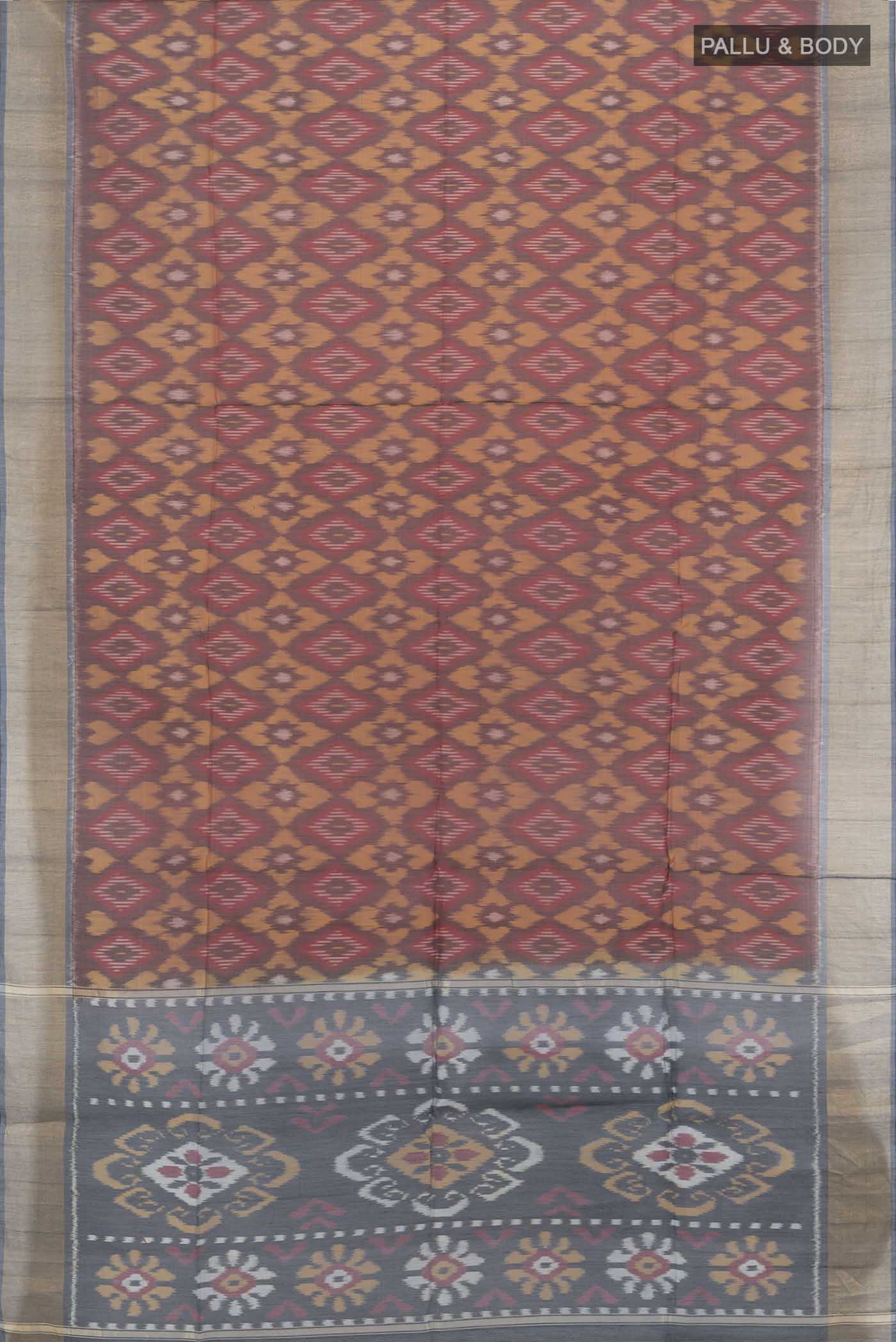 Flat view of Maroon Maheshwari Silk Cotton Saree with Ikat Print on the body and Silk Border. 