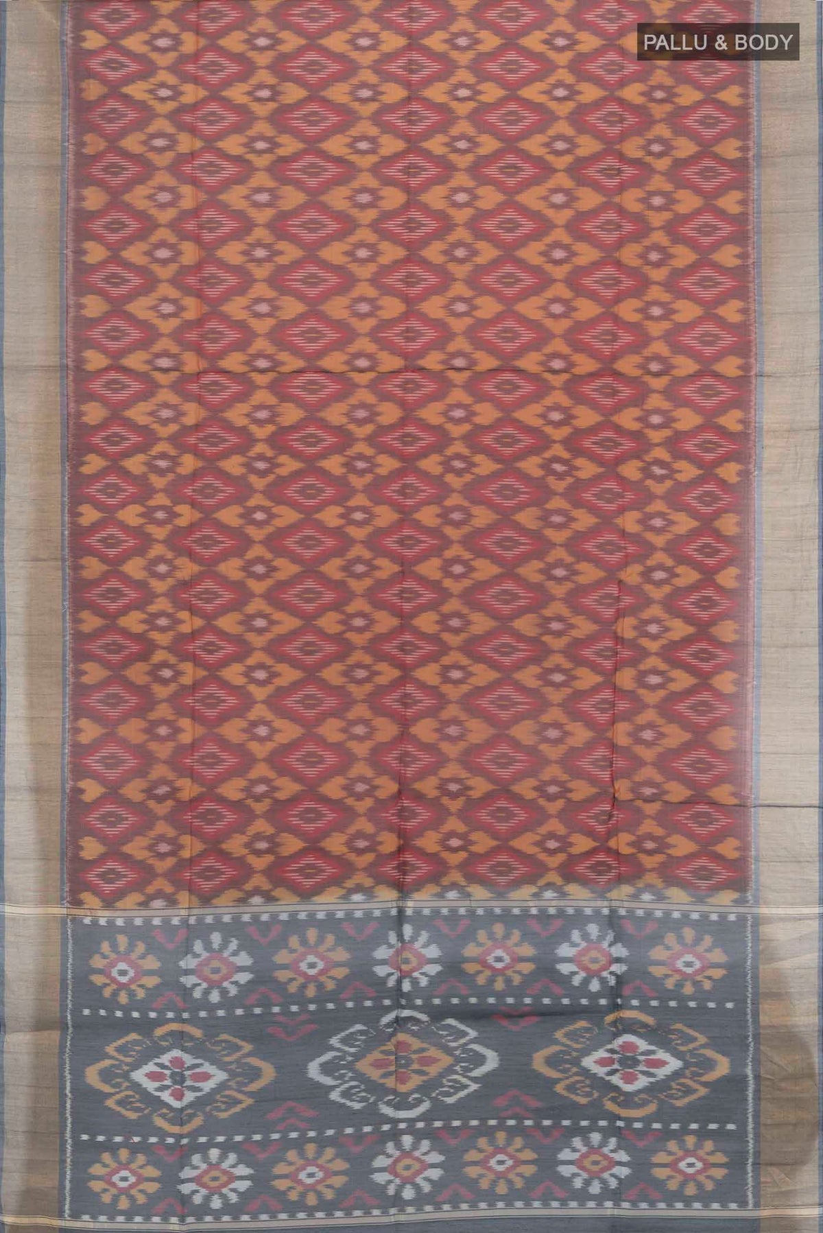Flat view of Maroon Maheshwari Silk Cotton Saree with Ikat Print on the body and Silk Border. 
