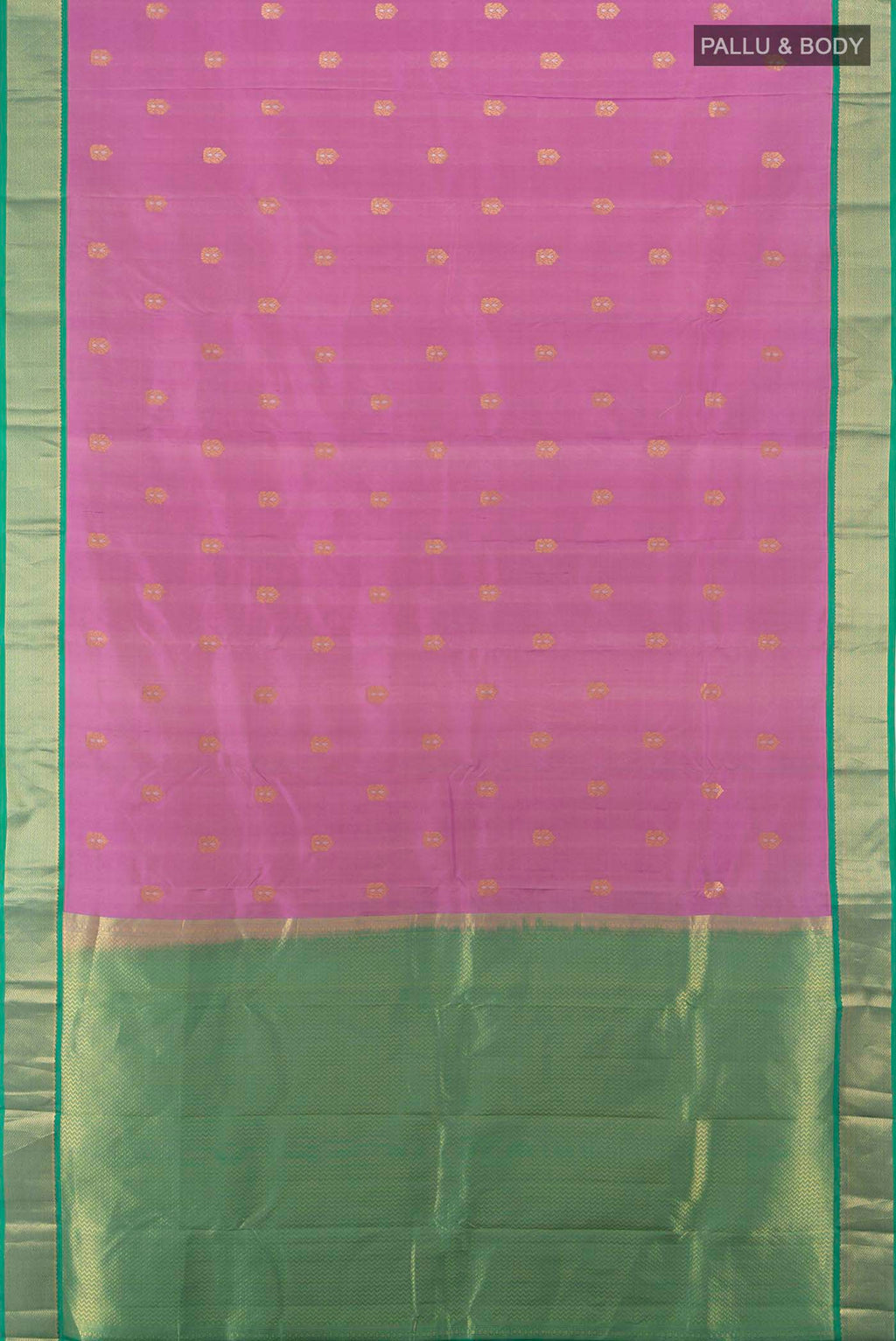 Flat view of Pure Silk Pure Zari Imperial Pink Kanchipuram Saree with Zari Butta on the body and Silk Border. 