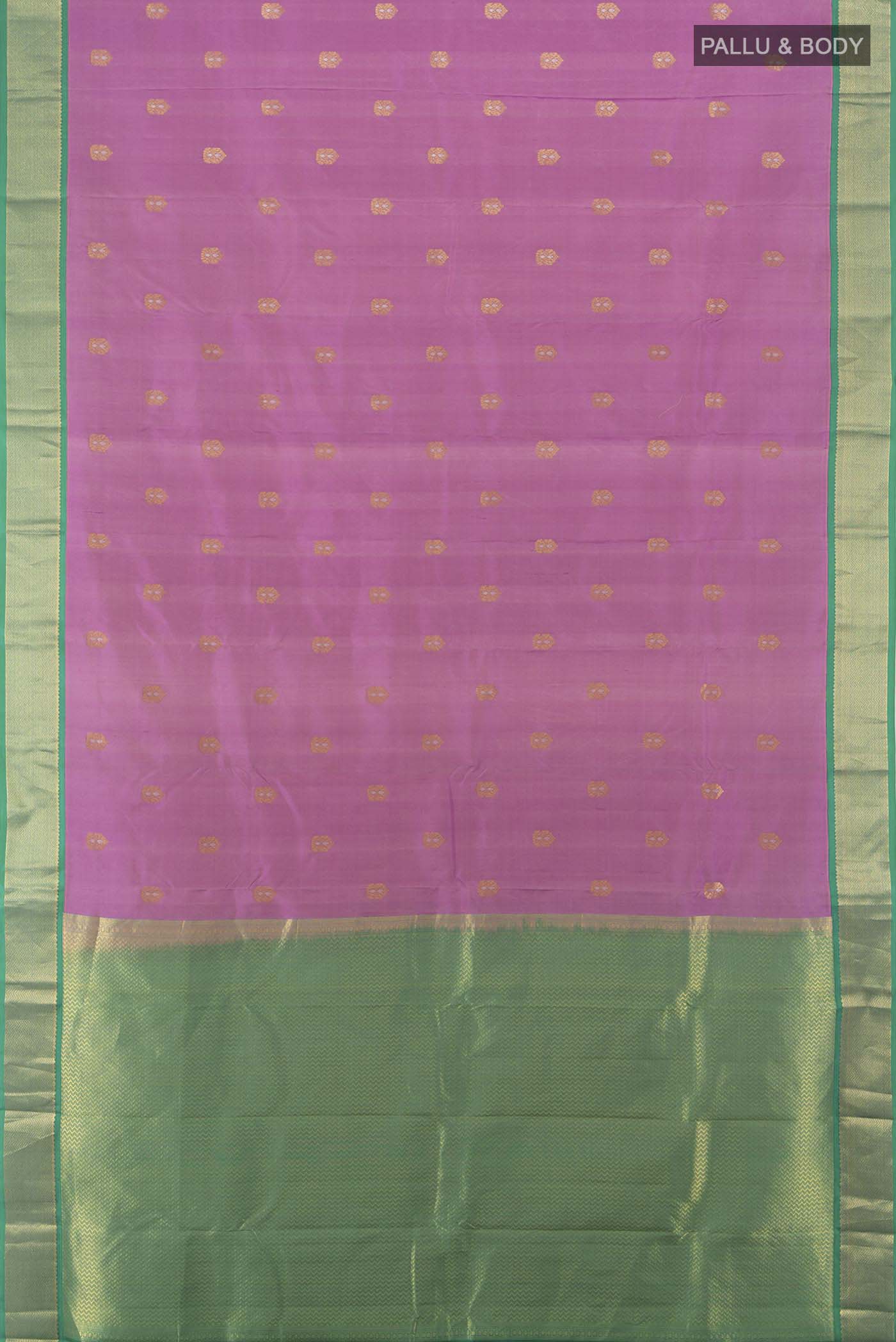 Flat view of Pure Silk Pure Zari Imperial Pink Kanchipuram Saree with Zari Butta on the body and Silk Border. 