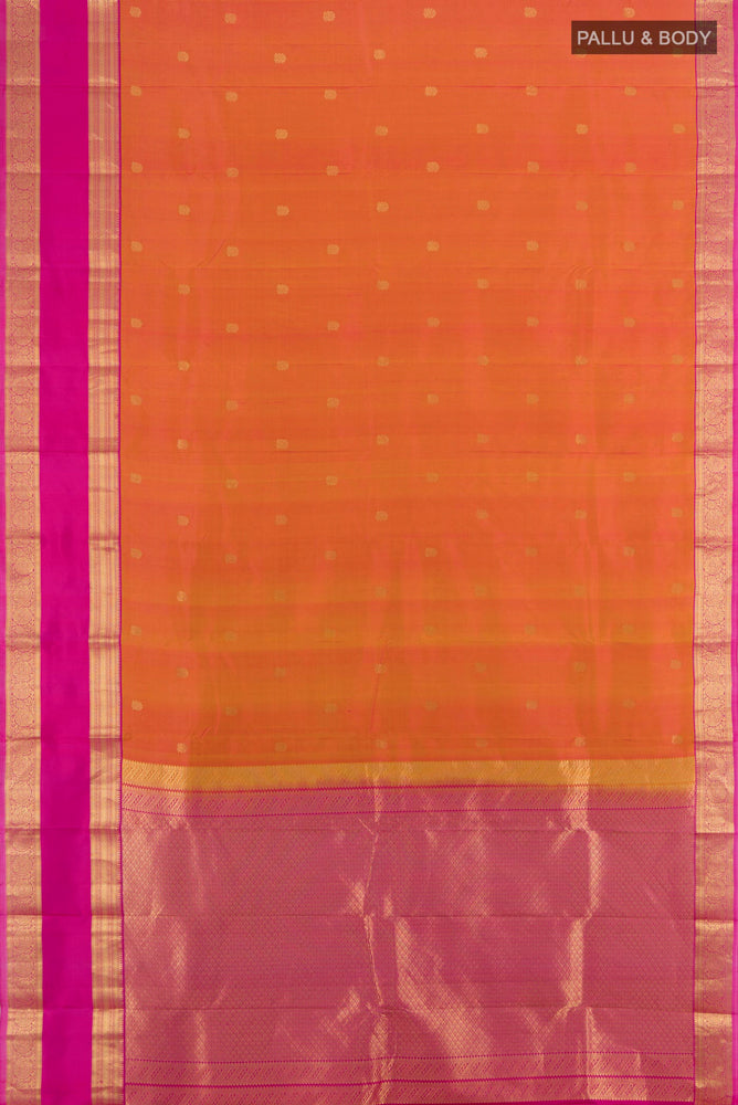 Flat view of Peach Kanchipuram Silk Saree with Zari Butta on the body and Silk Border. 