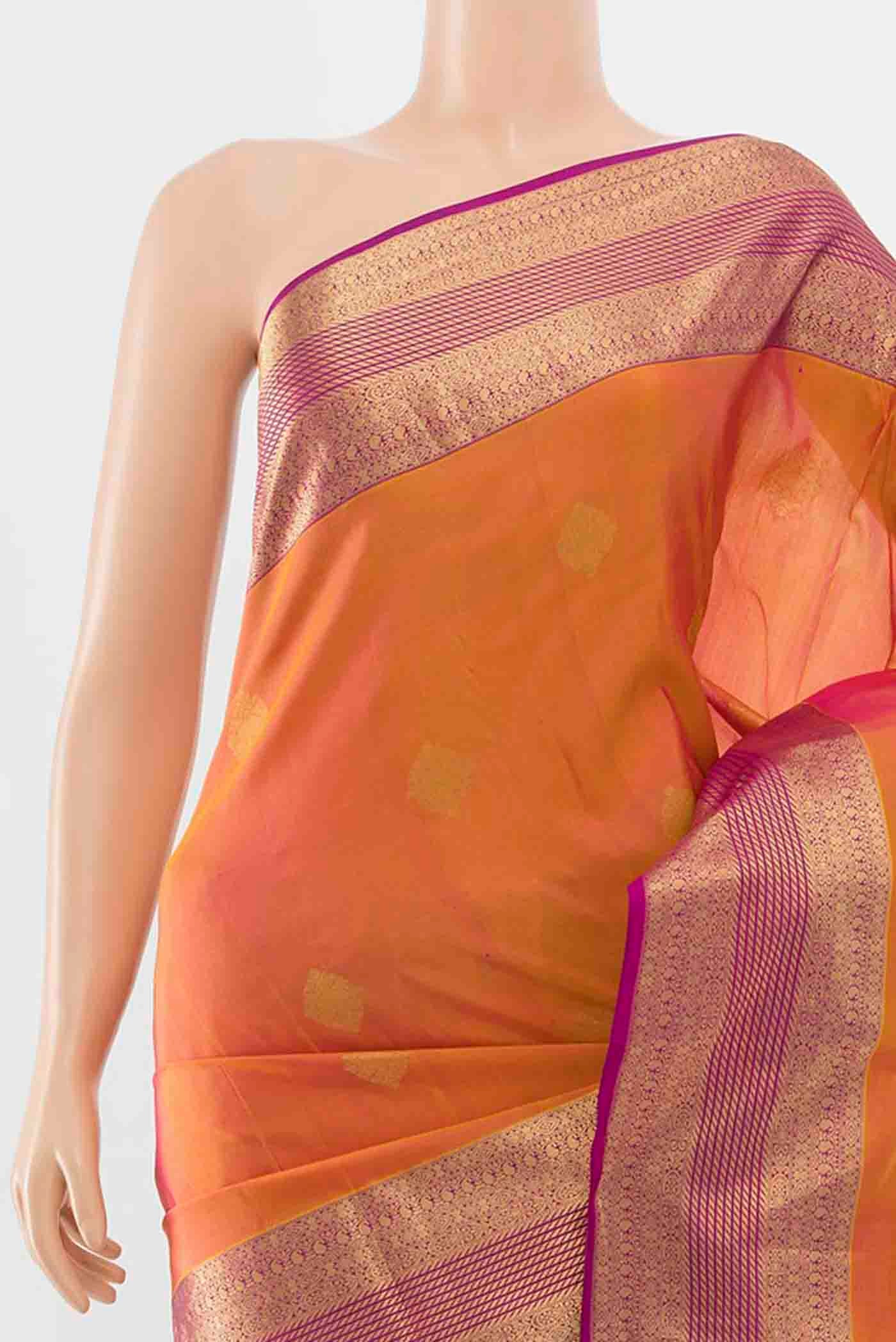 Border image of Yellow with Pink Color Kanchipuram Silk Saree with Zari Butta on the body and Zari Border