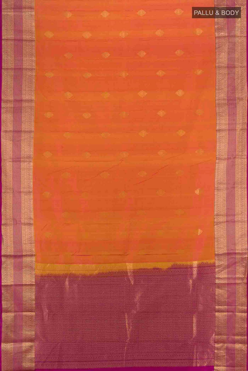 Flat view of Yellow with Pink Color Kanchipuram Silk Saree with Zari Butta on the body and Zari Border