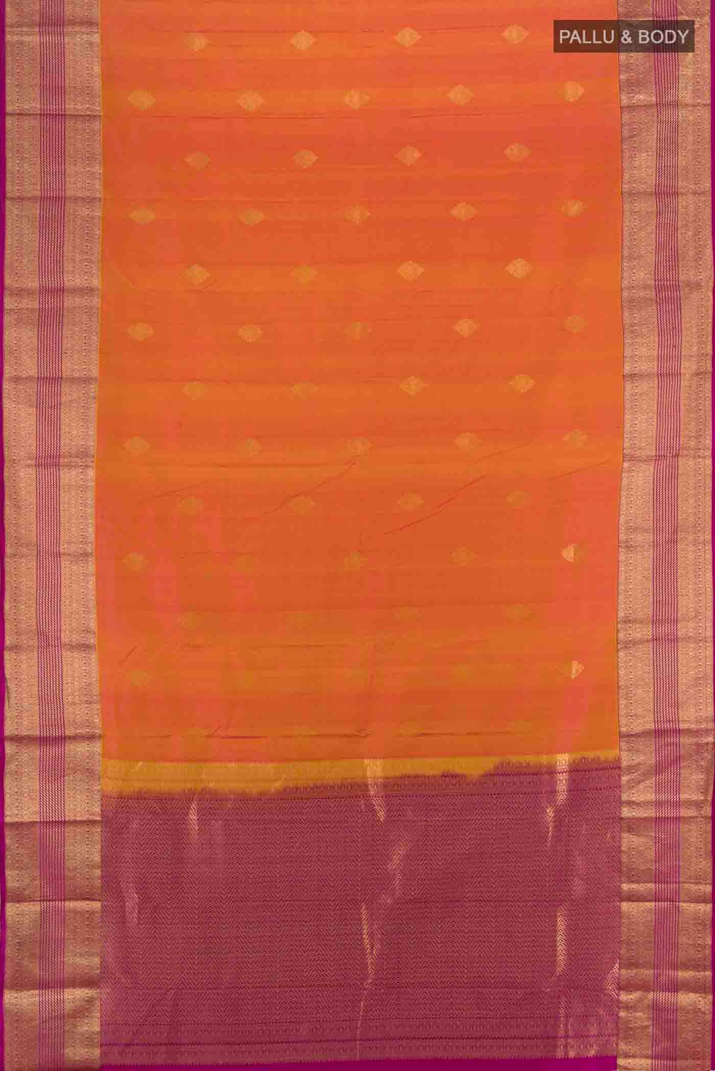 Flat view of Yellow with Pink Color Kanchipuram Silk Saree with Zari Butta on the body and Zari Border