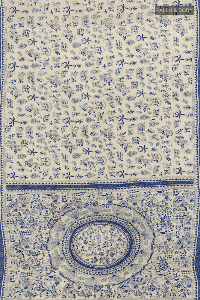 Flat view of Cream Kantha Silk Saree with Jacquard With Thread Butta on the body and Silk Border. 