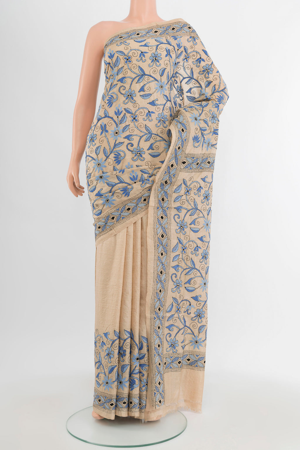 Beige Kantha Silk Saree with Embroidery on the body and Embroidery Border.  displayed on a mannequin