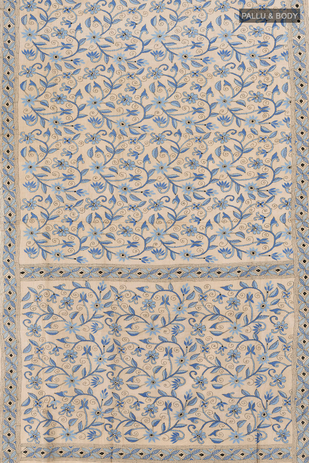 Flat view of Beige Kantha Silk Saree with Embroidery on the body and Embroidery Border. 