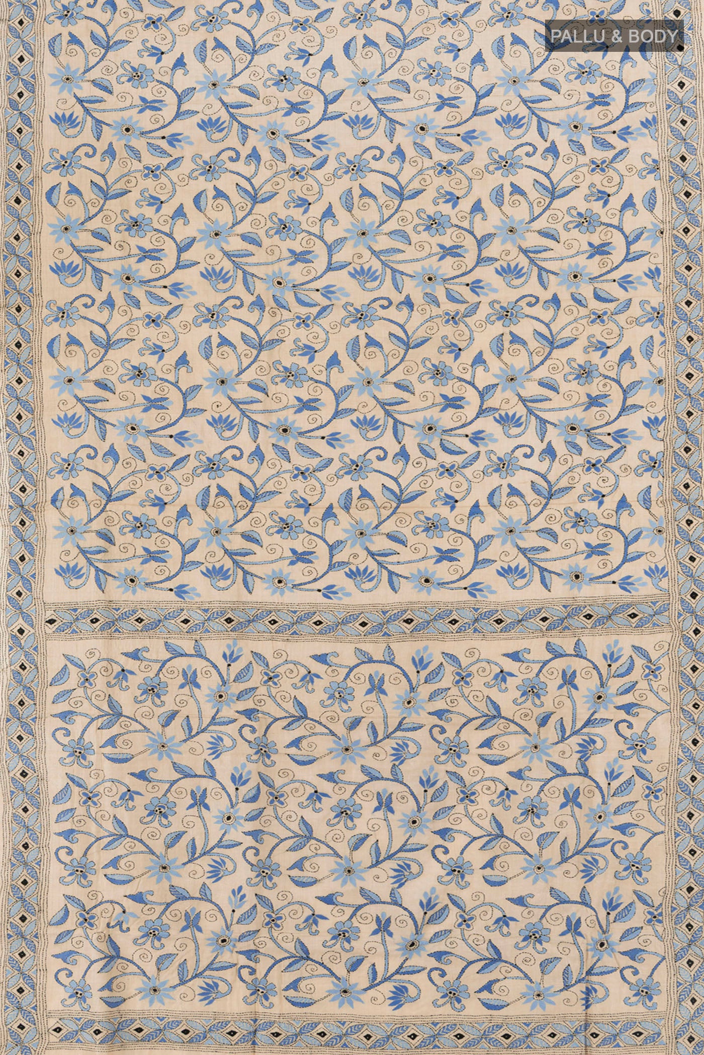 Flat view of Beige Kantha Silk Saree with Embroidery on the body and Embroidery Border. 