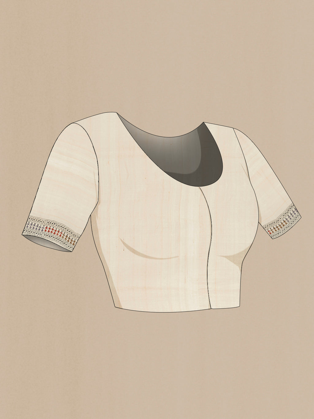Close up image of the blouse of Beige Kantha Silk Saree with Embroidery on the body and Embroidery Border. 