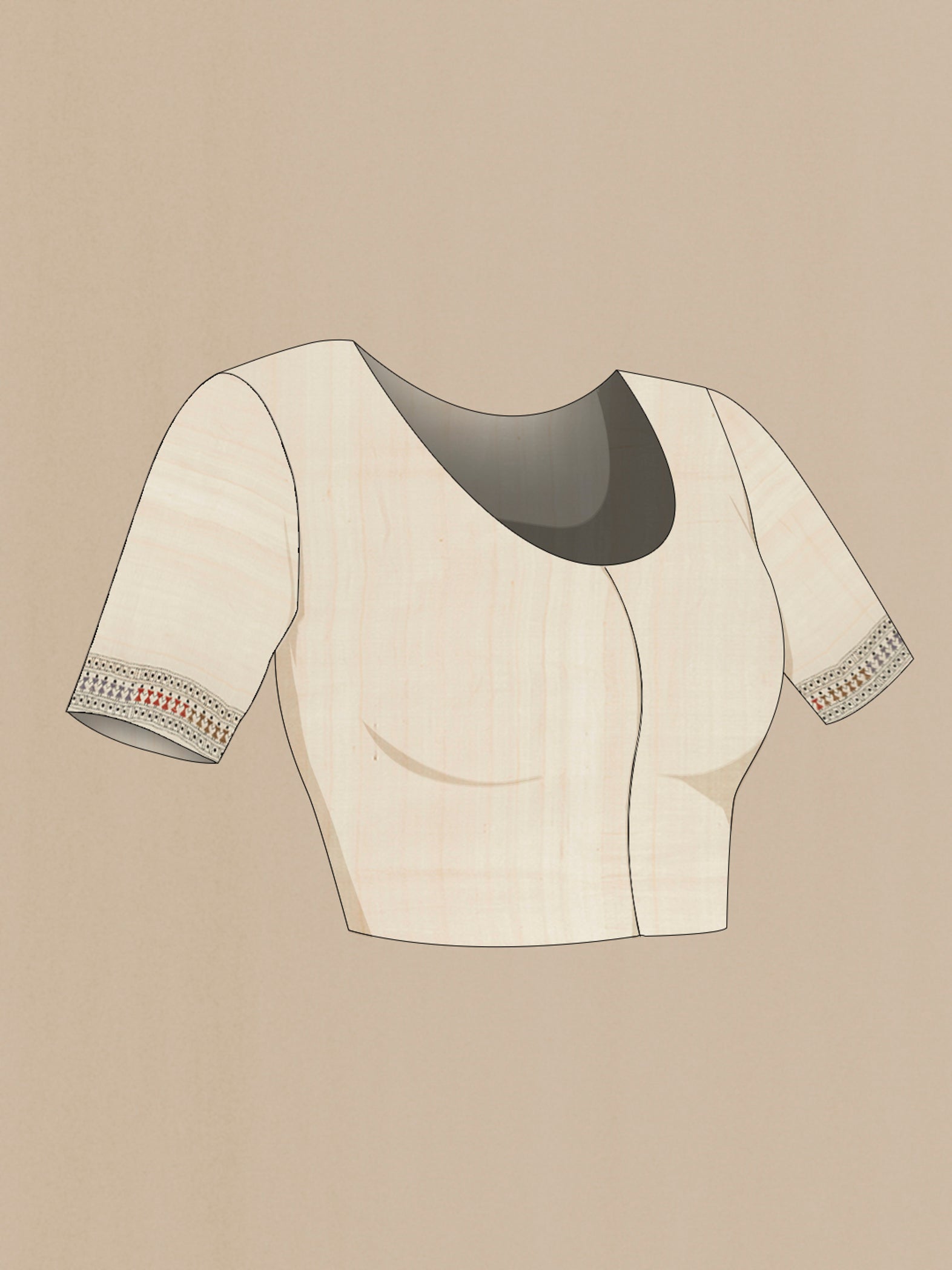 Close up image of the blouse of Beige Kantha Silk Saree with Embroidery on the body and Embroidery Border. 
