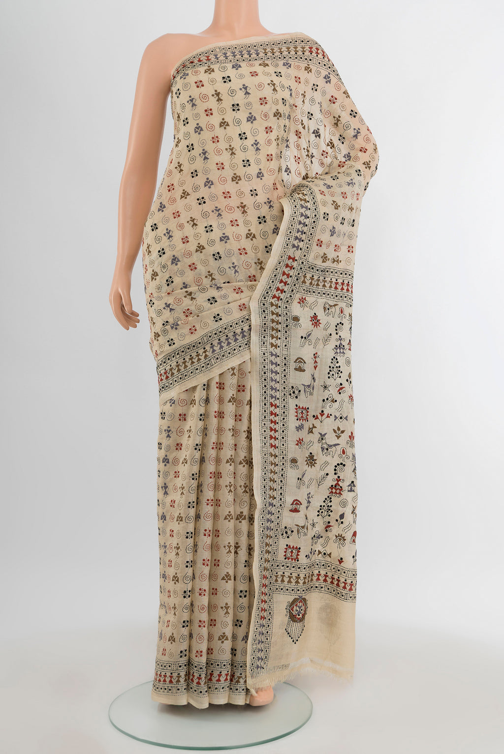 Beige Kantha Silk Saree with Embroidery on the body and Embroidery Border.  displayed on a mannequin