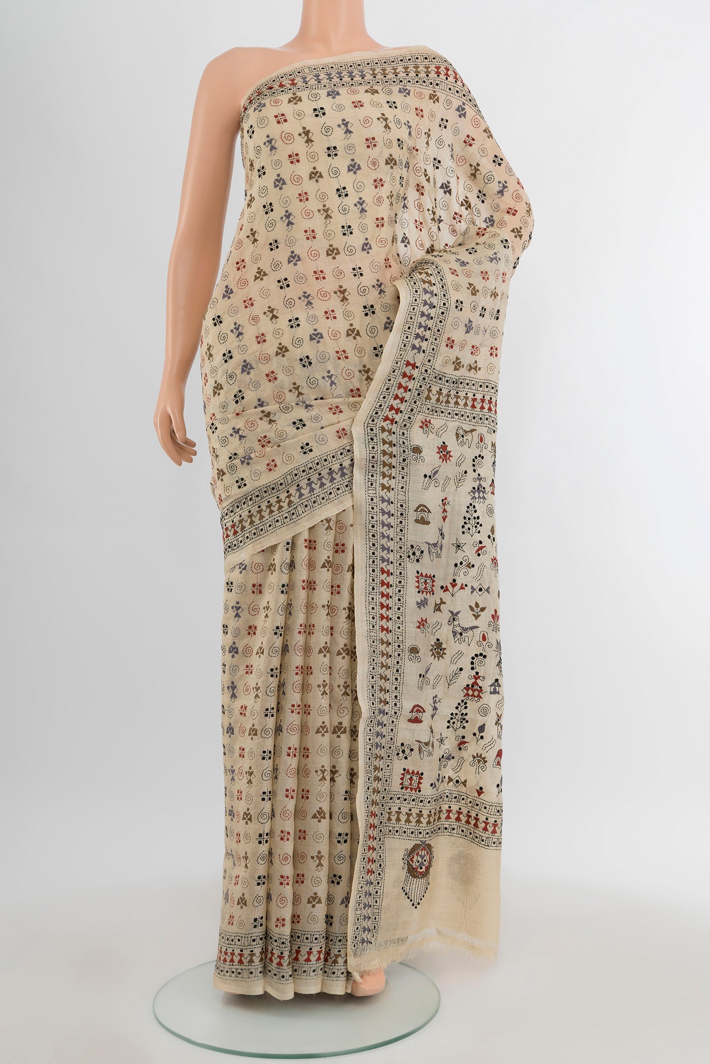 Beige Kantha Silk Saree with Embroidery on the body and Embroidery Border.  displayed on a mannequin