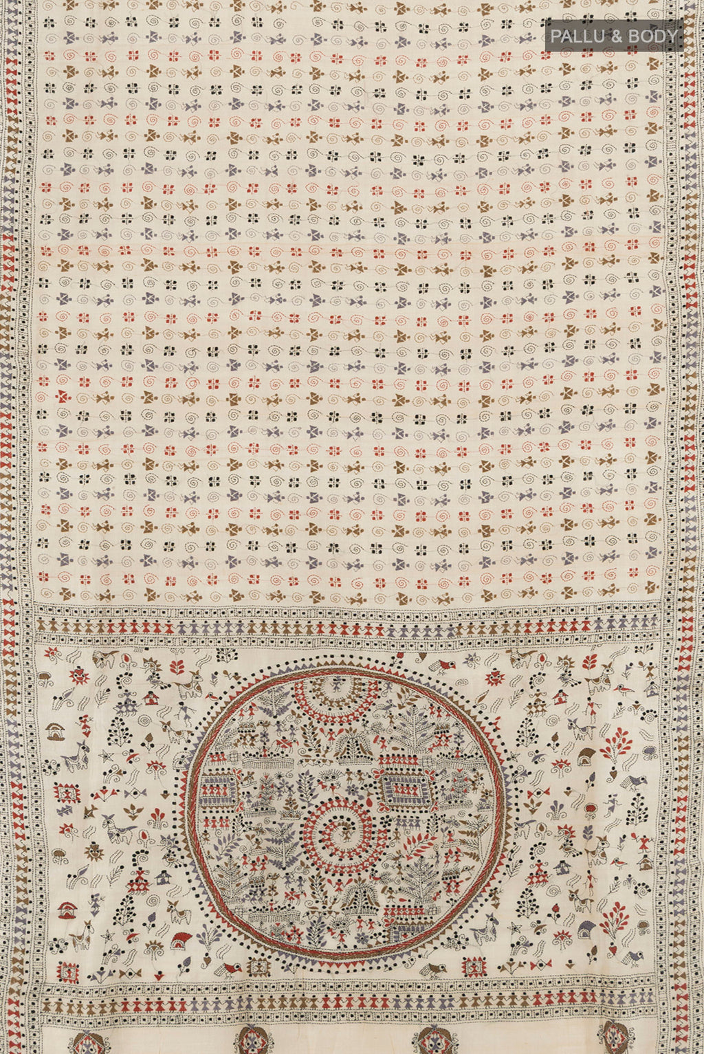 Flat view of Beige Kantha Silk Saree with Embroidery on the body and Embroidery Border. 