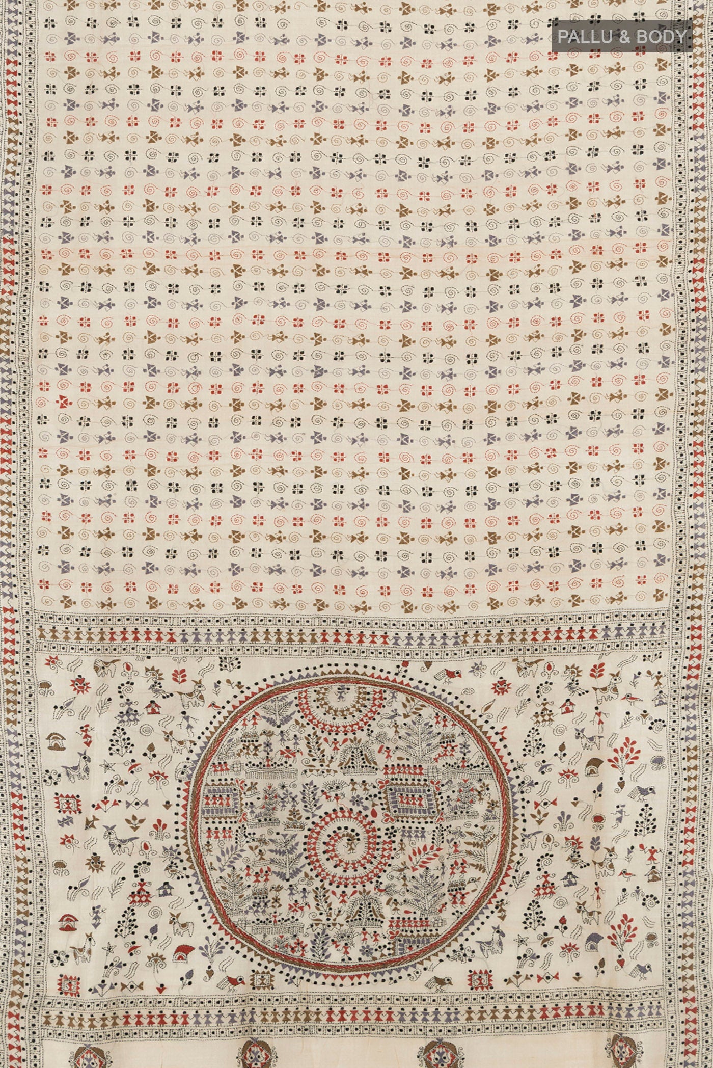 Flat view of Beige Kantha Silk Saree with Embroidery on the body and Embroidery Border. 