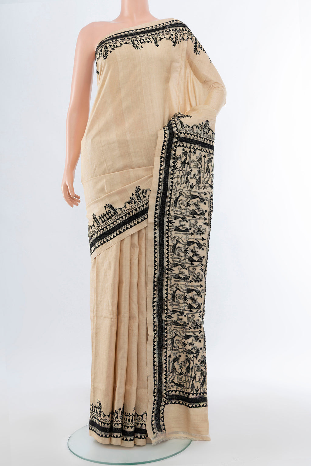 Cream Kantha Silk Saree with Jacquard With Thread Butta on the body and Silk Border.  displayed on a mannequin