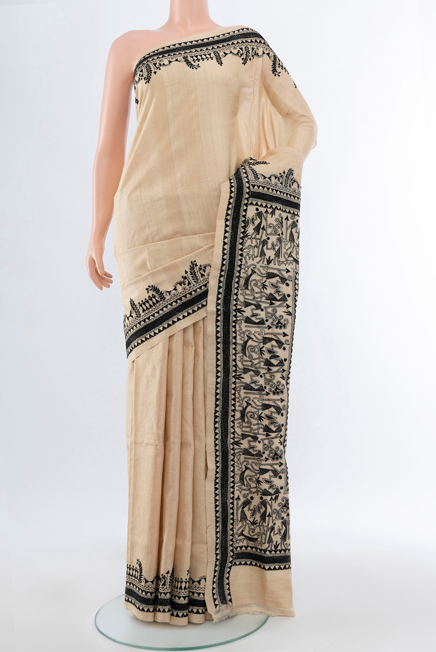 Cream Kantha Silk Saree with Jacquard With Thread Butta on the body and Silk Border.  displayed on a mannequin