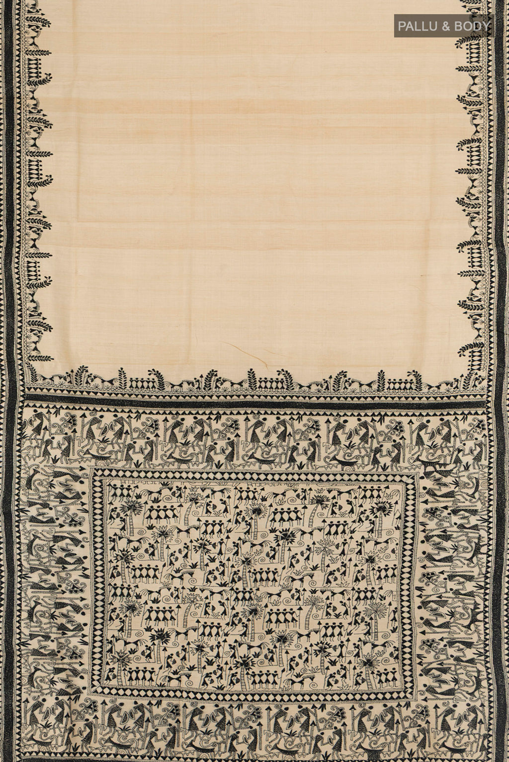 Flat view of Cream Kantha Silk Saree with Jacquard With Thread Butta on the body and Silk Border. 