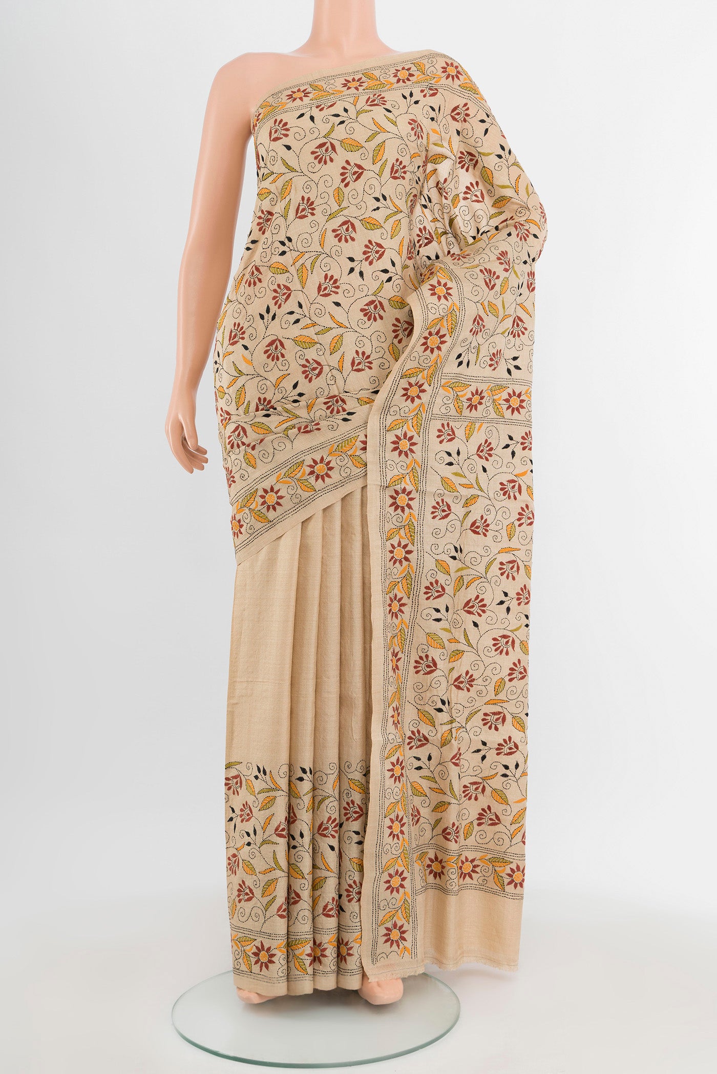 Beige Kantha Silk Saree with Embroidery on the body and Embroidery Border.  displayed on a mannequin