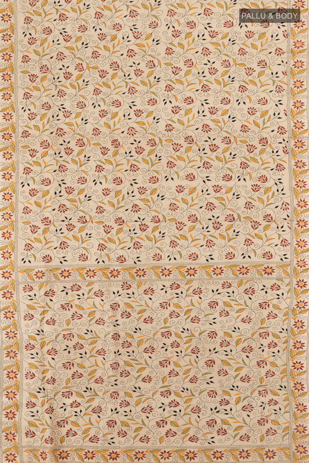 Flat view of Beige Kantha Silk Saree with Embroidery on the body and Embroidery Border. 
