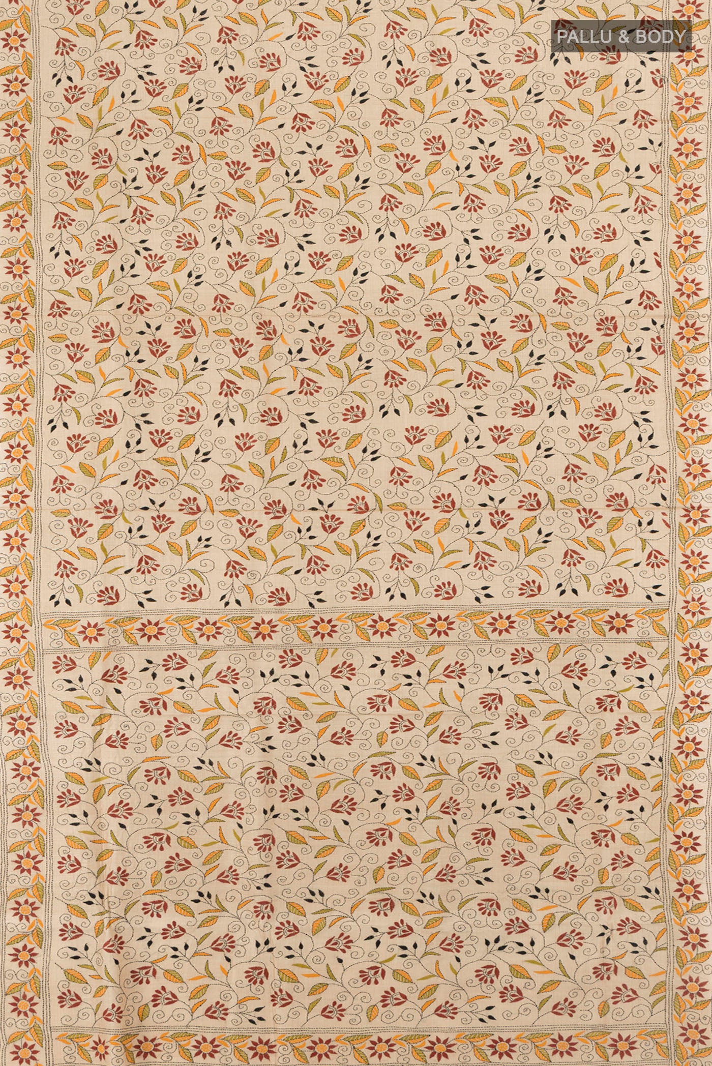 Flat view of Beige Kantha Silk Saree with Embroidery on the body and Embroidery Border. 