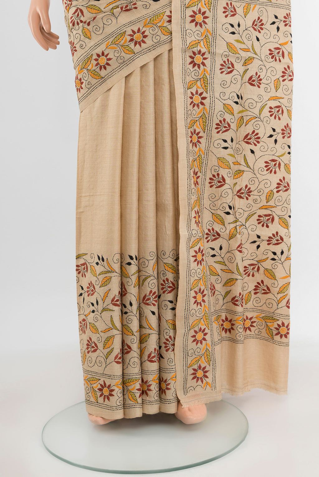 Pleats and pallu of Beige Kantha Silk Saree with Embroidery on the body and Embroidery Border. 