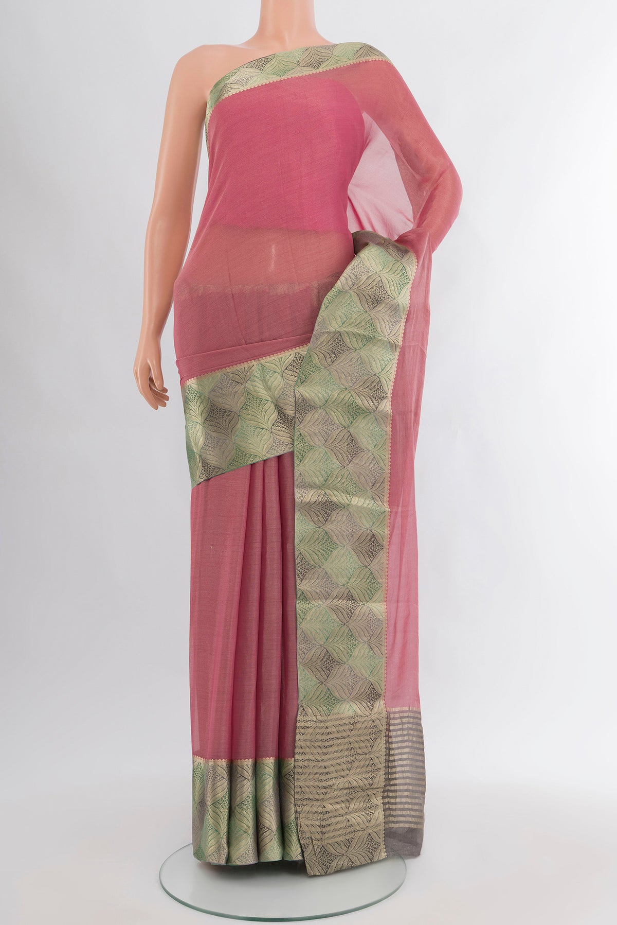 Rose pink Mysore Georgette Saree with Plain Body and Zari Border.  displayed on a mannequin