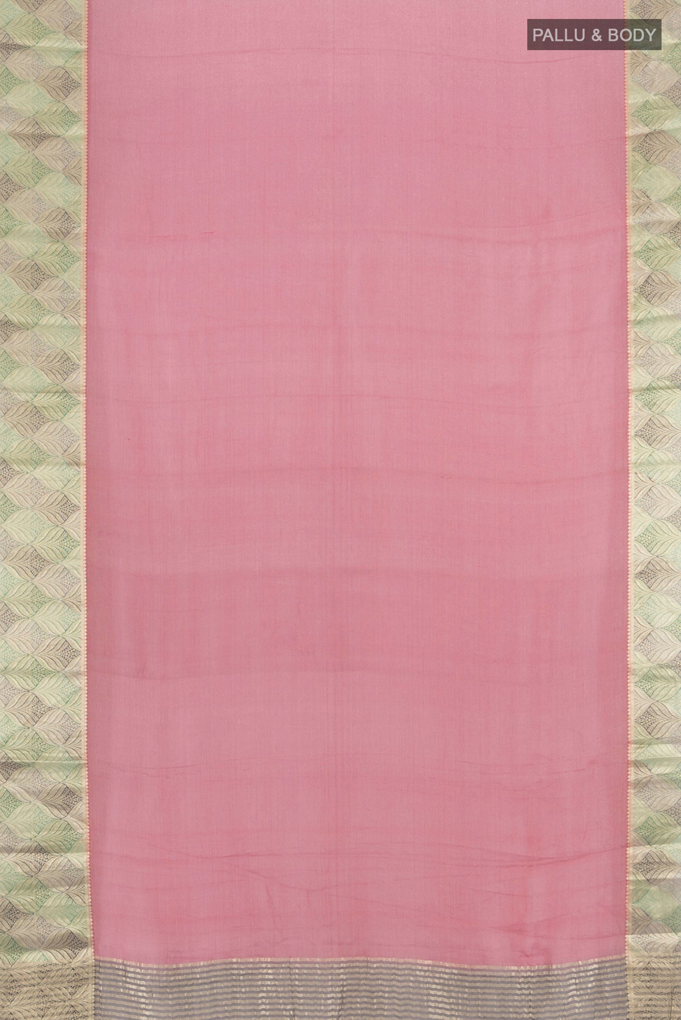 Flat view of Rose pink Mysore Georgette Saree with Plain Body and Zari Border. 