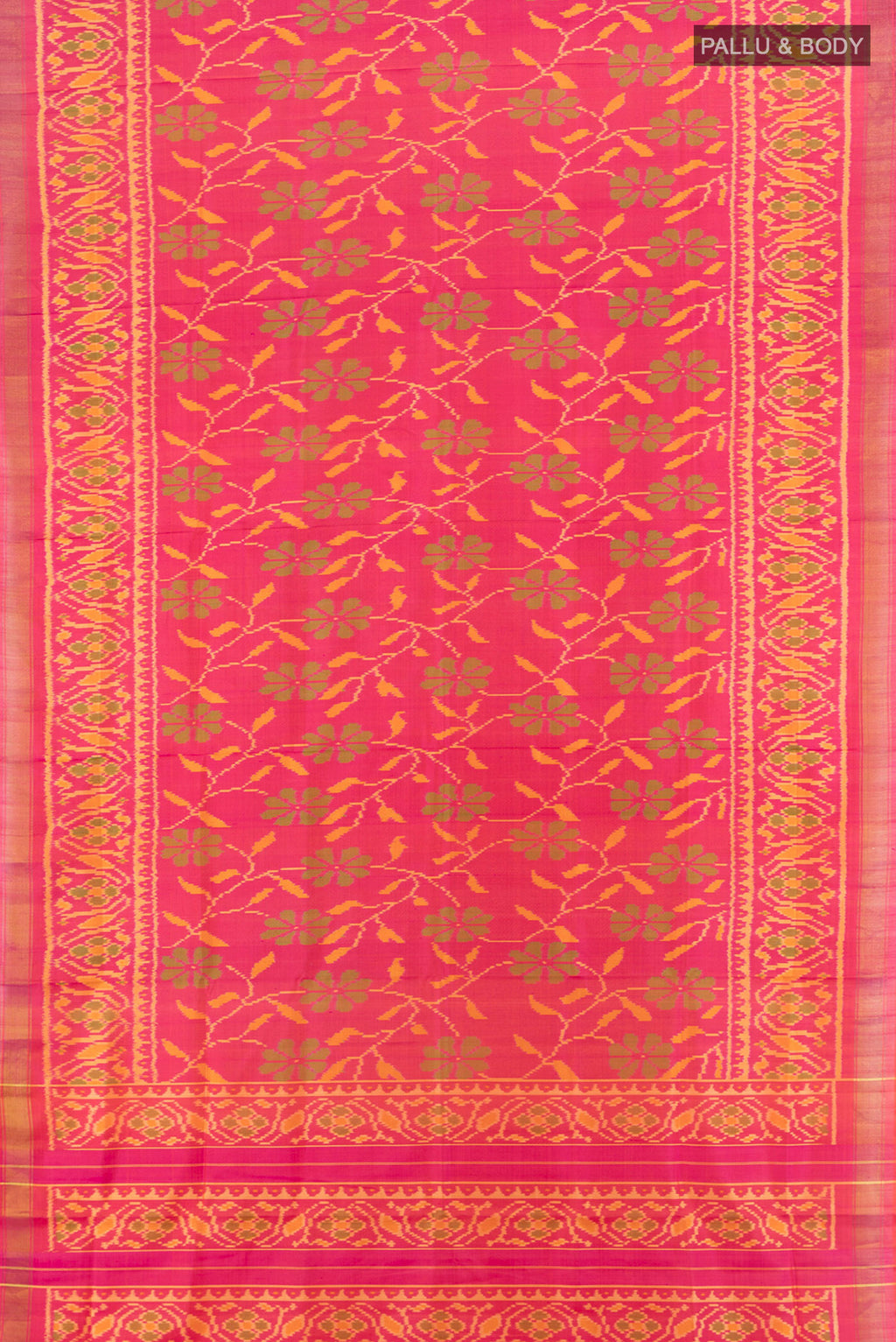 Flat view of Pure Silk Pure Zari Multi Color Rajkot Patola Saree with Ikat Print on the body and Silk Border. 