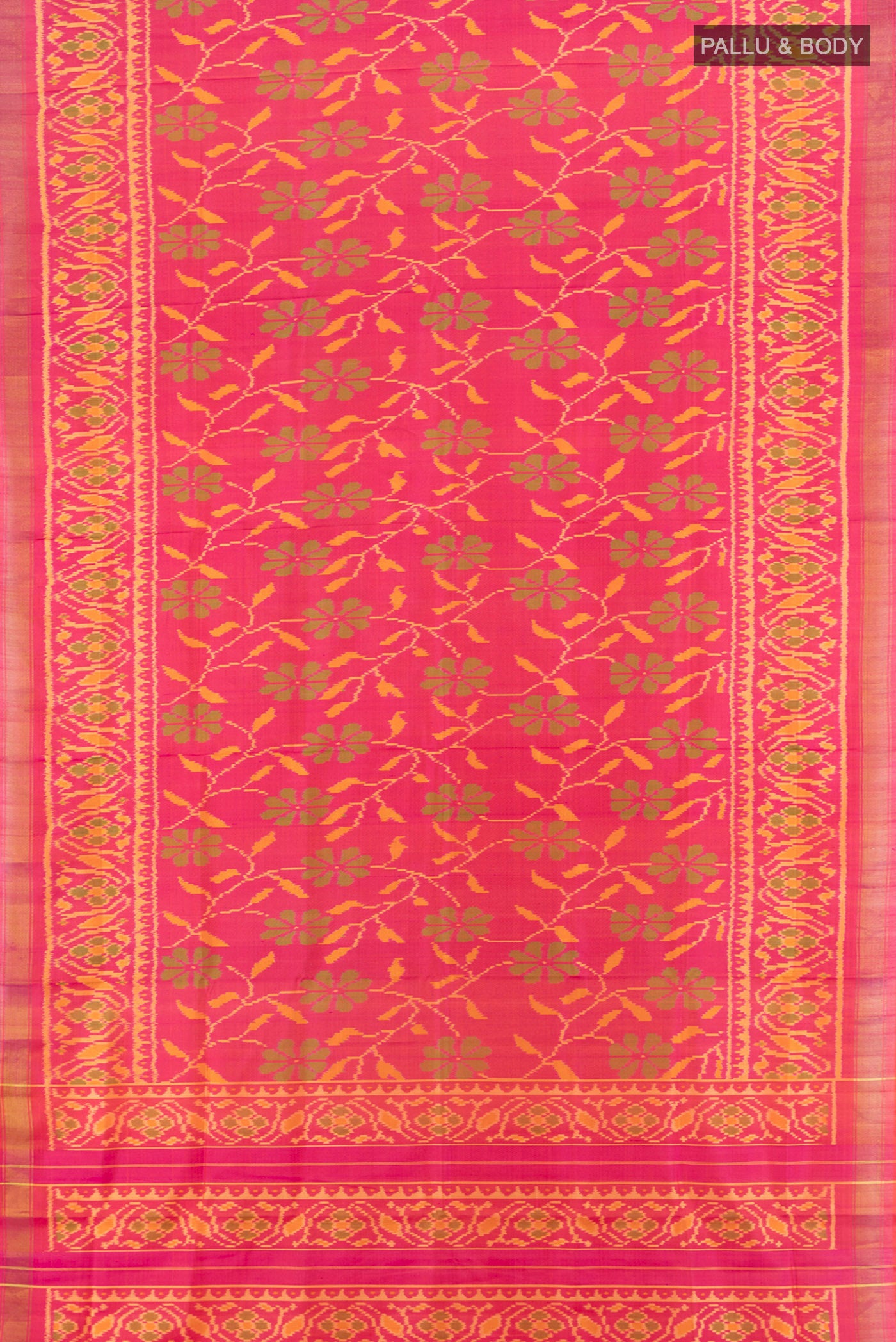 Flat view of Pure Silk Pure Zari Multi Color Rajkot Patola Saree with Ikat Print on the body and Silk Border. 
